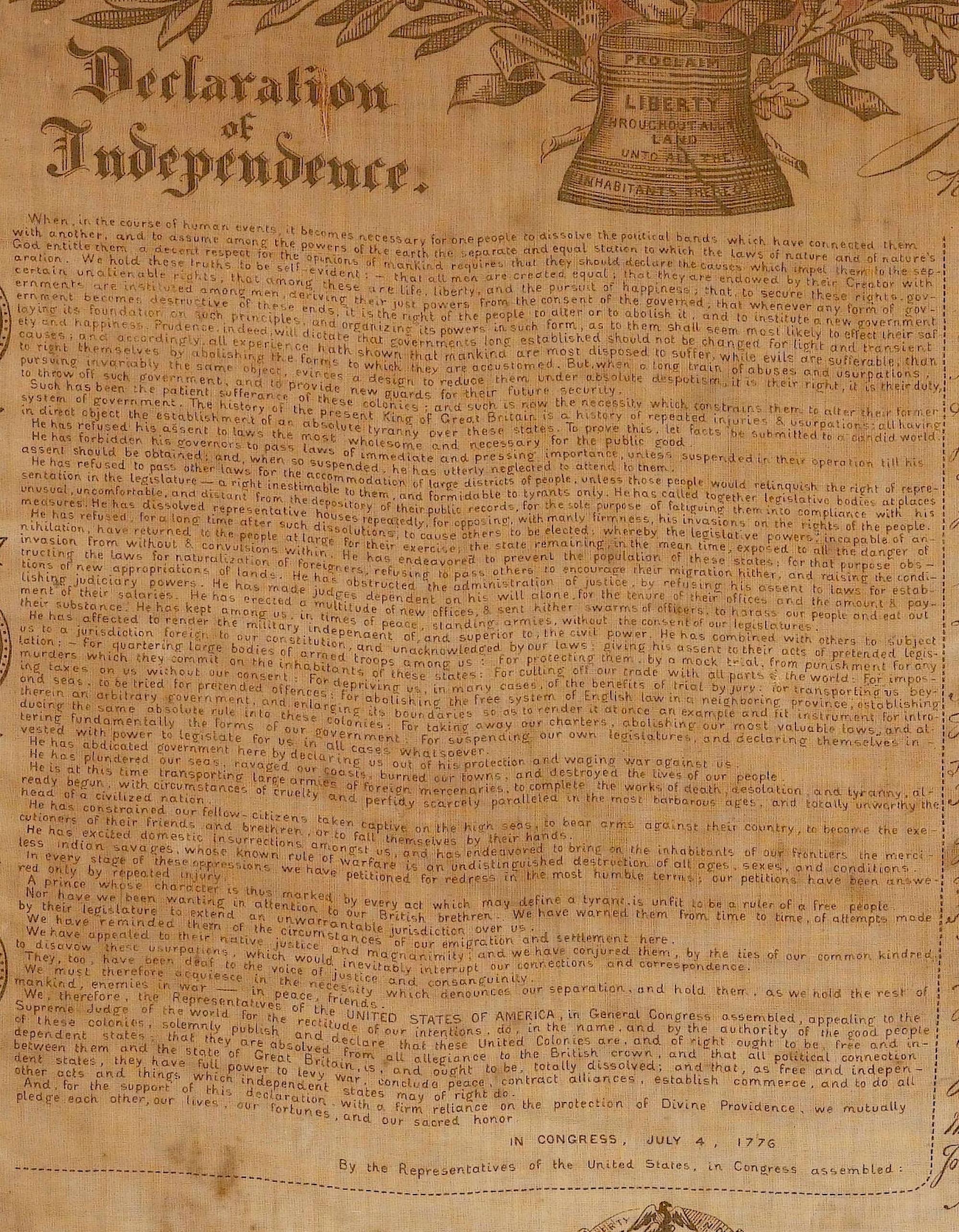 Pieno vittoriano Dichiarazione d'Indipendenza, stampata su cotone, 1876 ca. in vendita