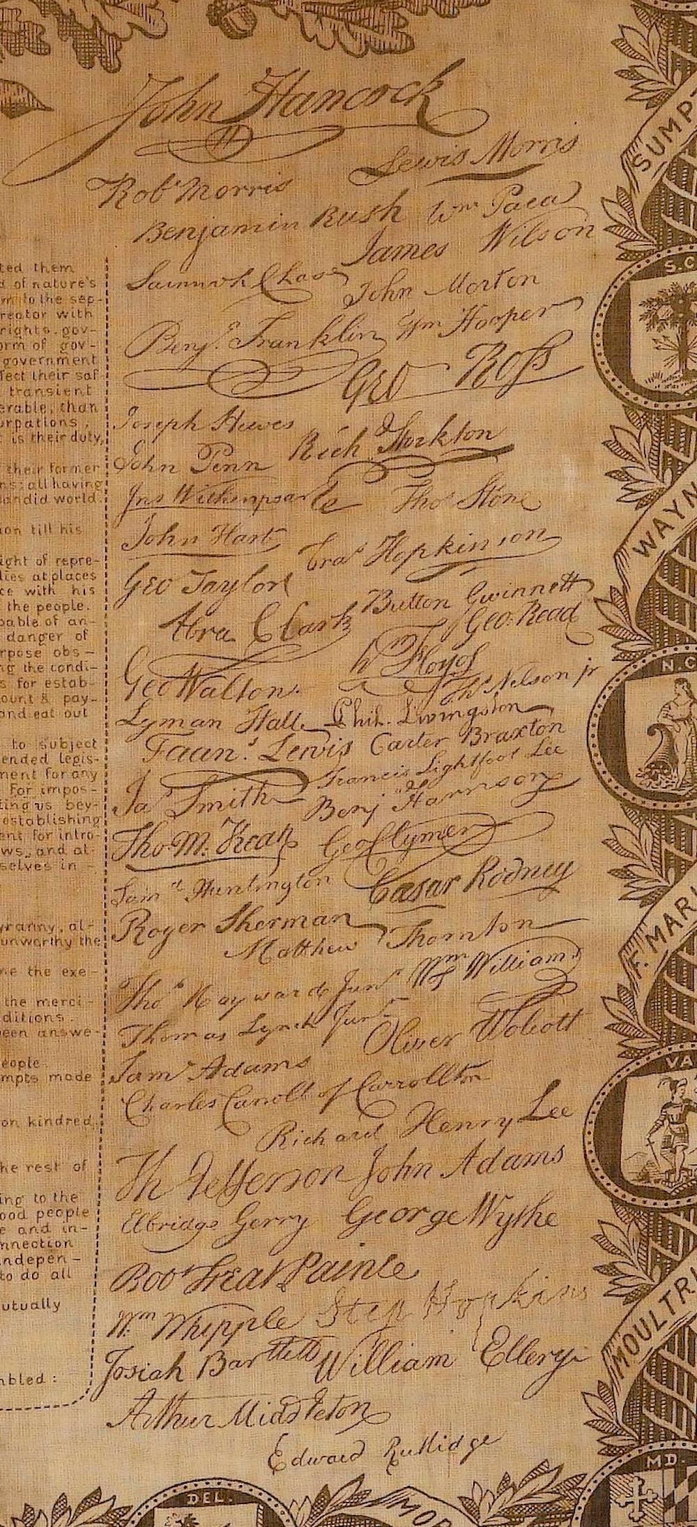 Americano Dichiarazione d'Indipendenza, stampata su cotone, 1876 ca. in vendita