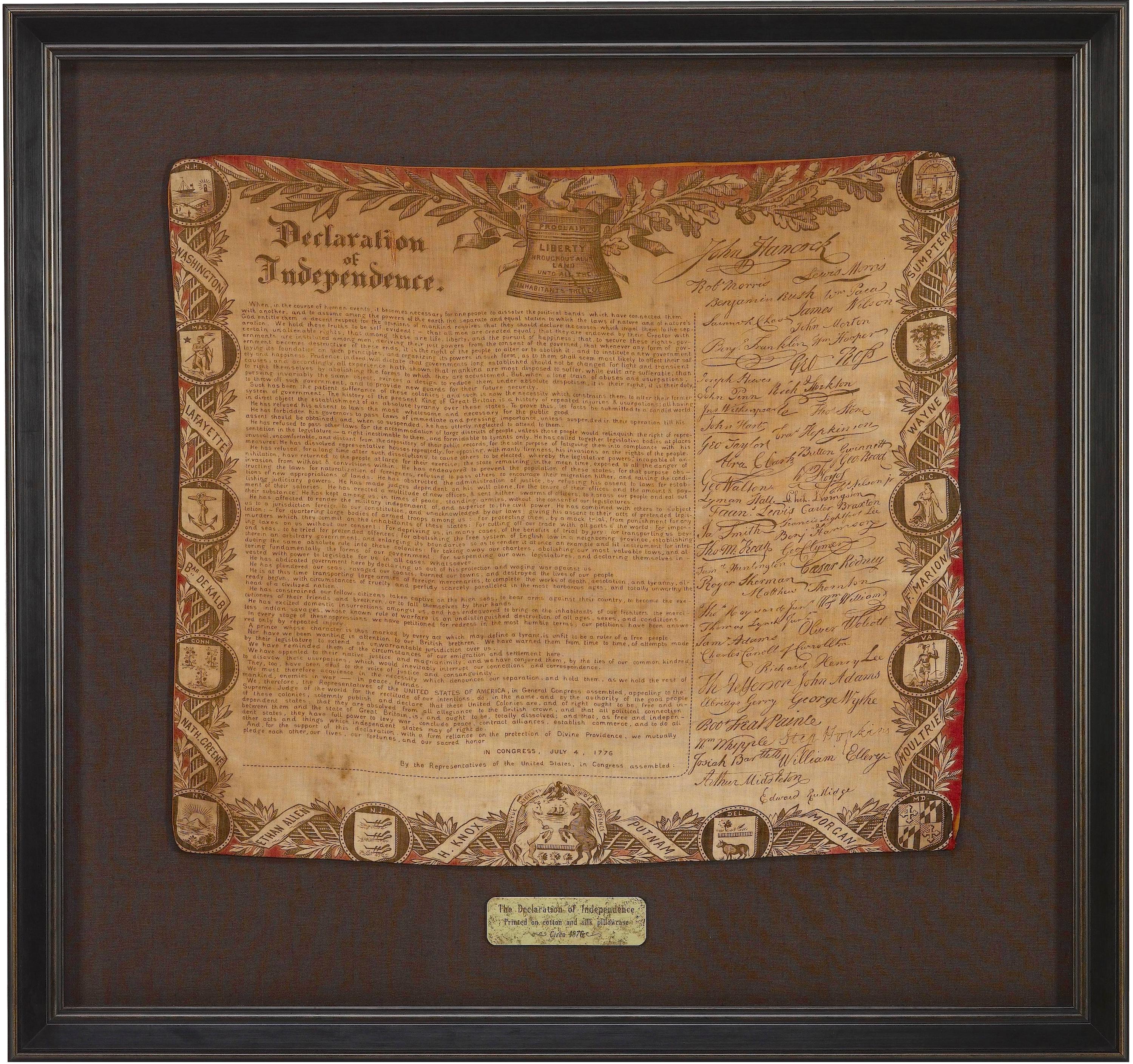Dichiarazione d'Indipendenza, stampata su cotone, 1876 ca. in vendita 1