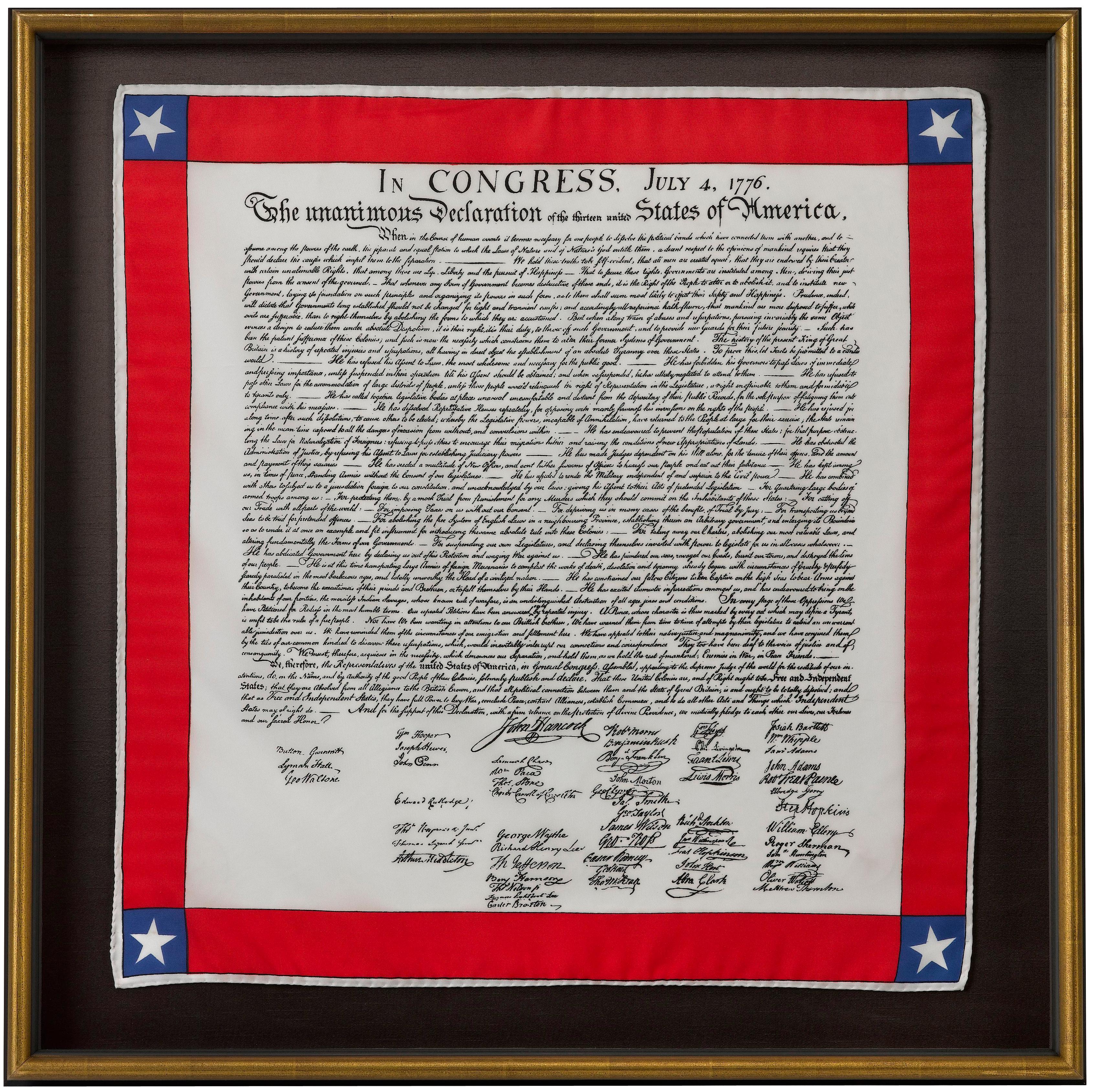 Presented is a patriotic silk scarf, celebrating the Declaration of Independence. At center of the silk scarf design is artistic rendering of the Declaration of Independence. The famous text and signatures are printed in black ink on white silk. A