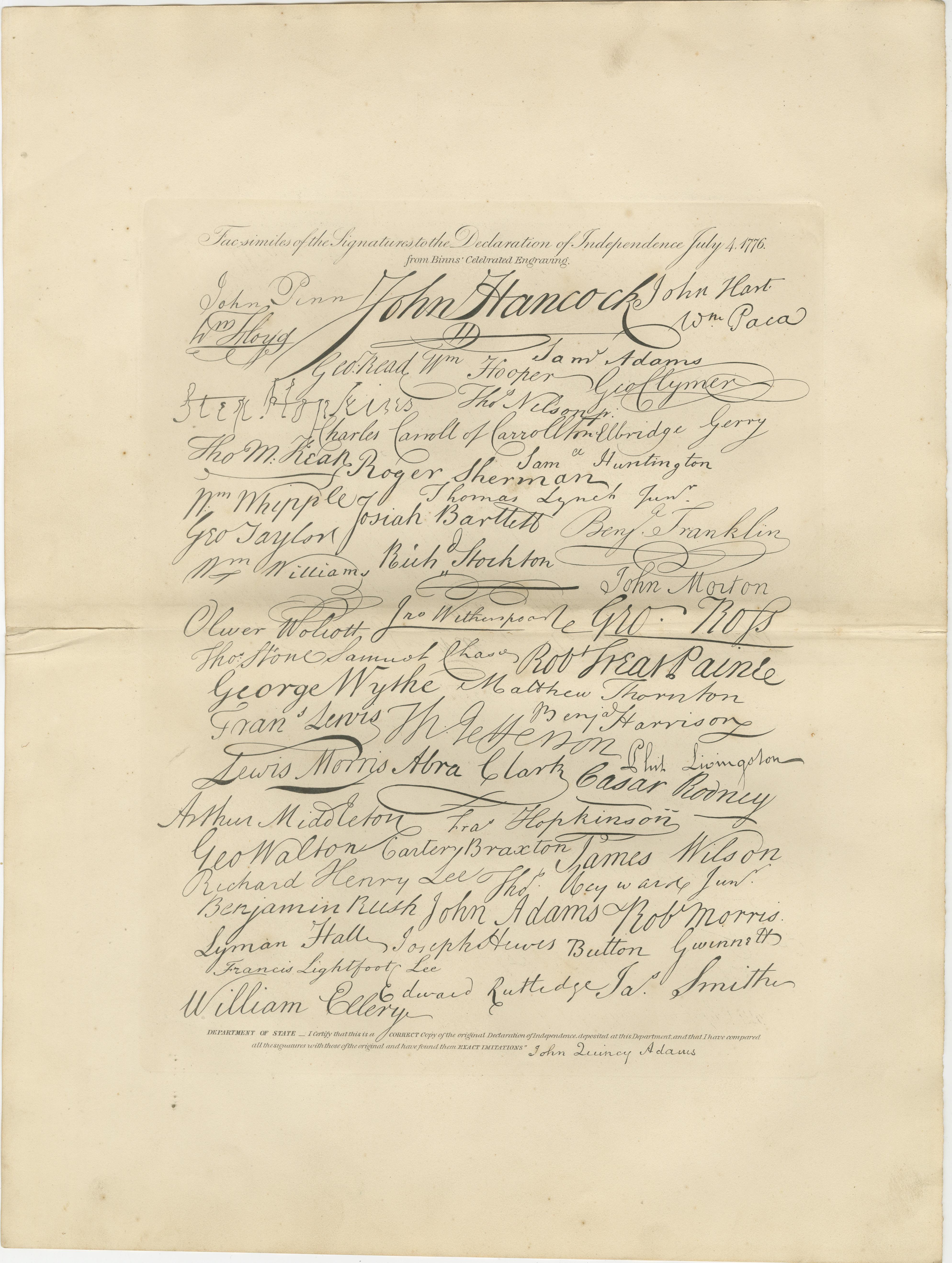 Facsímil de las firmas de la Declaración de Independencia - Grabado de Binns, década de 1850 en venta 4