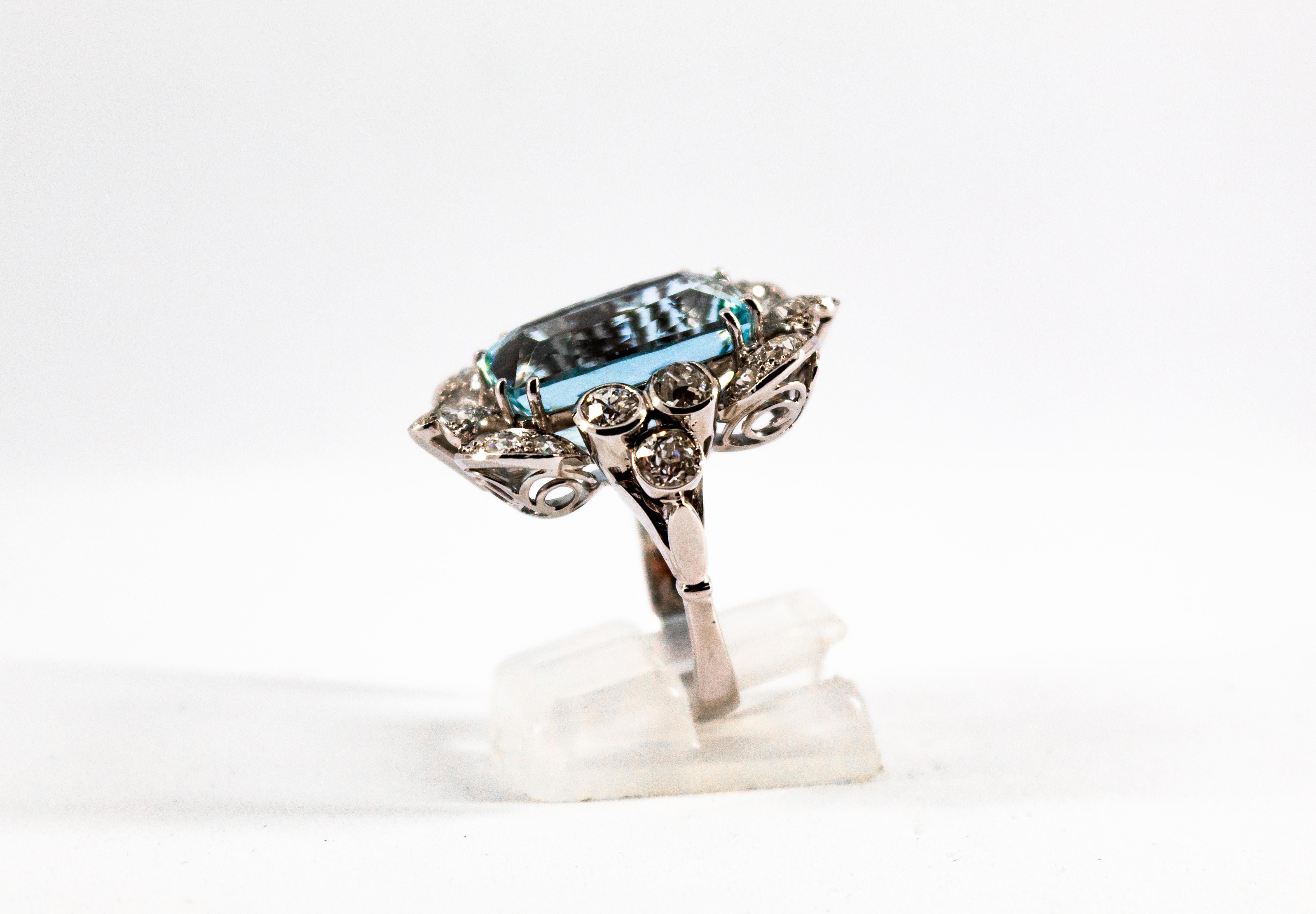 Deco 12.60 Carat Aquamarine 2.90 Carat White Diamond White Gold Cocktail Ring 7