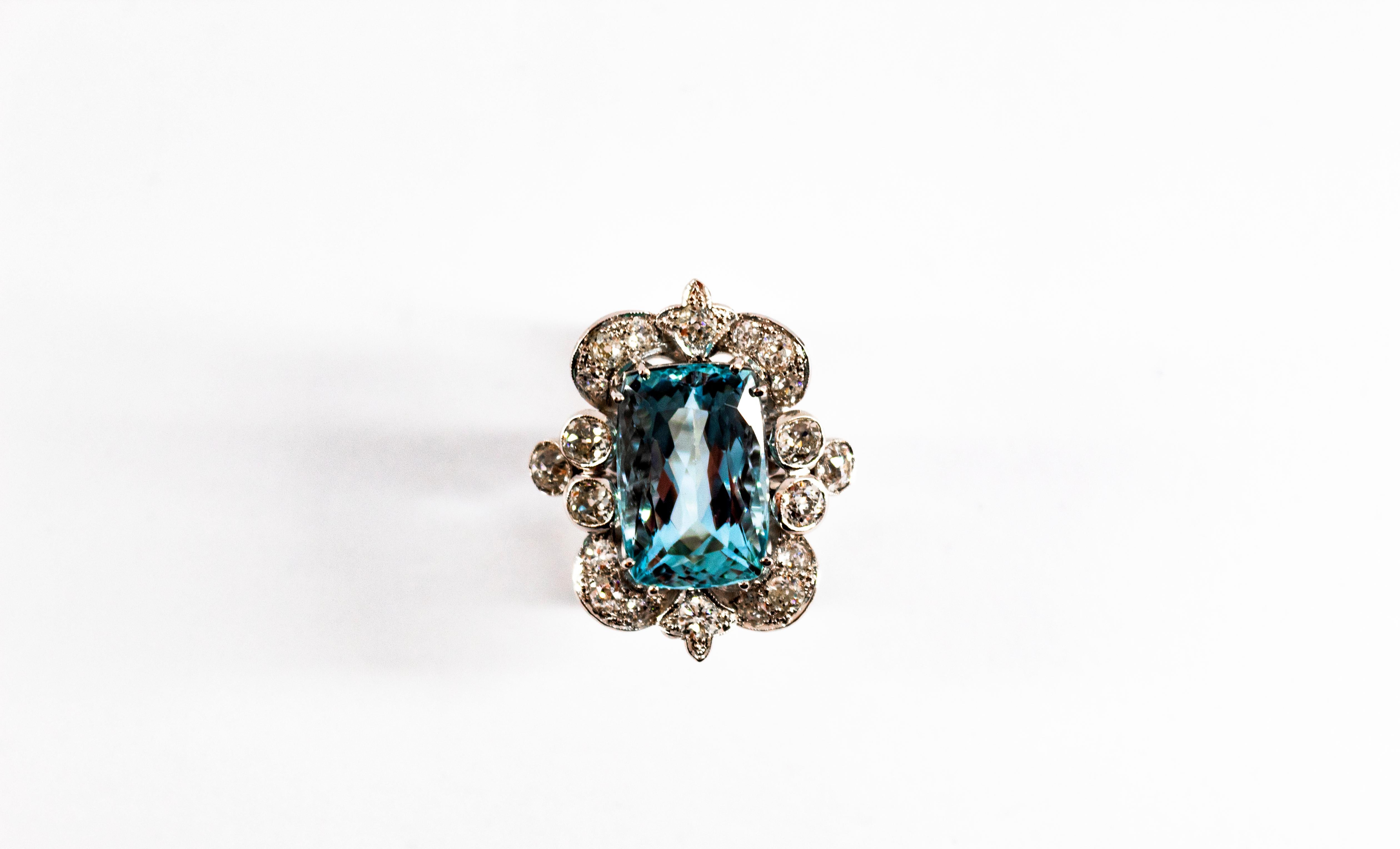 Deco 12.60 Carat Aquamarine 2.90 Carat White Diamond White Gold Cocktail Ring 9