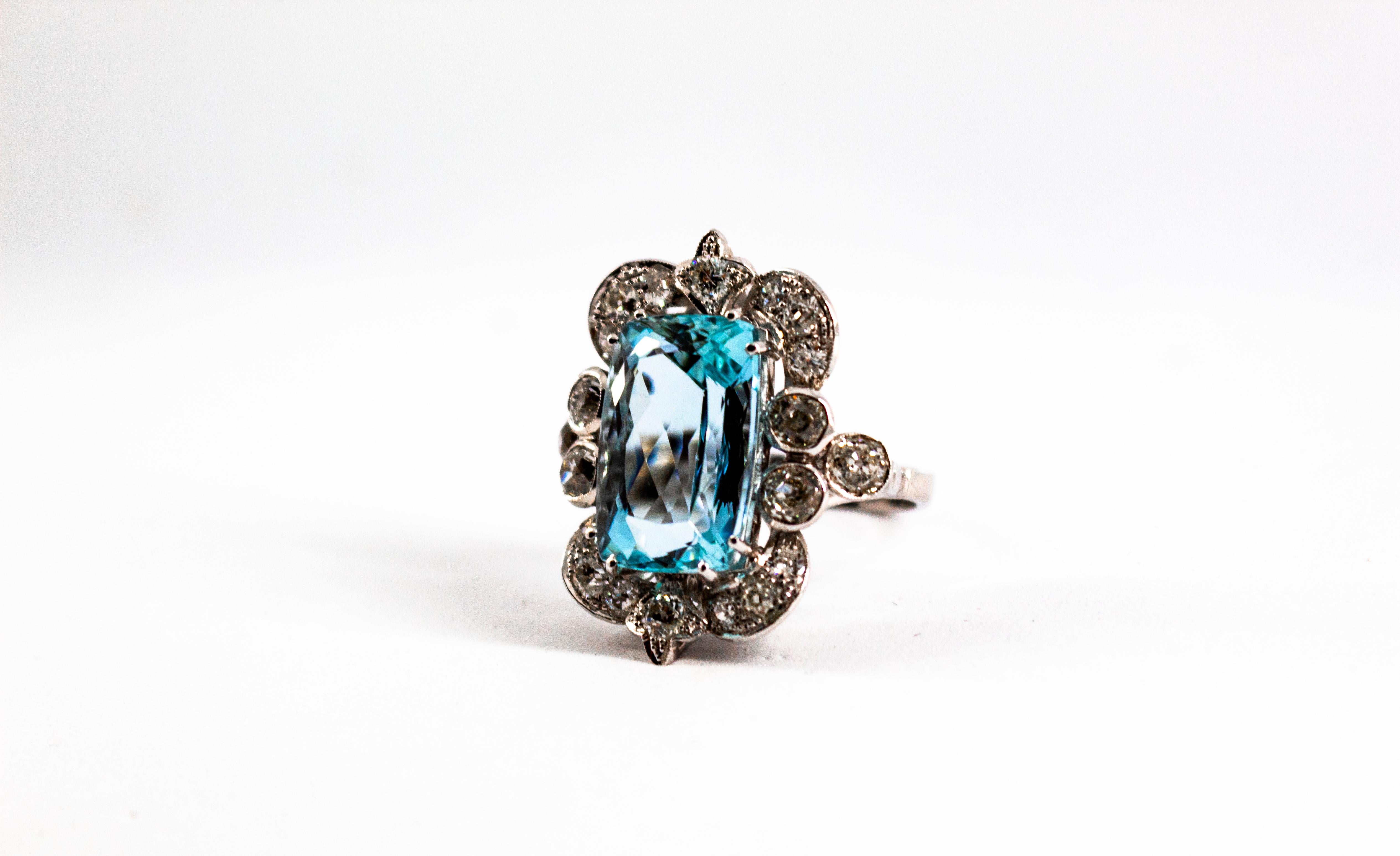 Art Deco Deco 12.60 Carat Aquamarine 2.90 Carat White Diamond White Gold Cocktail Ring