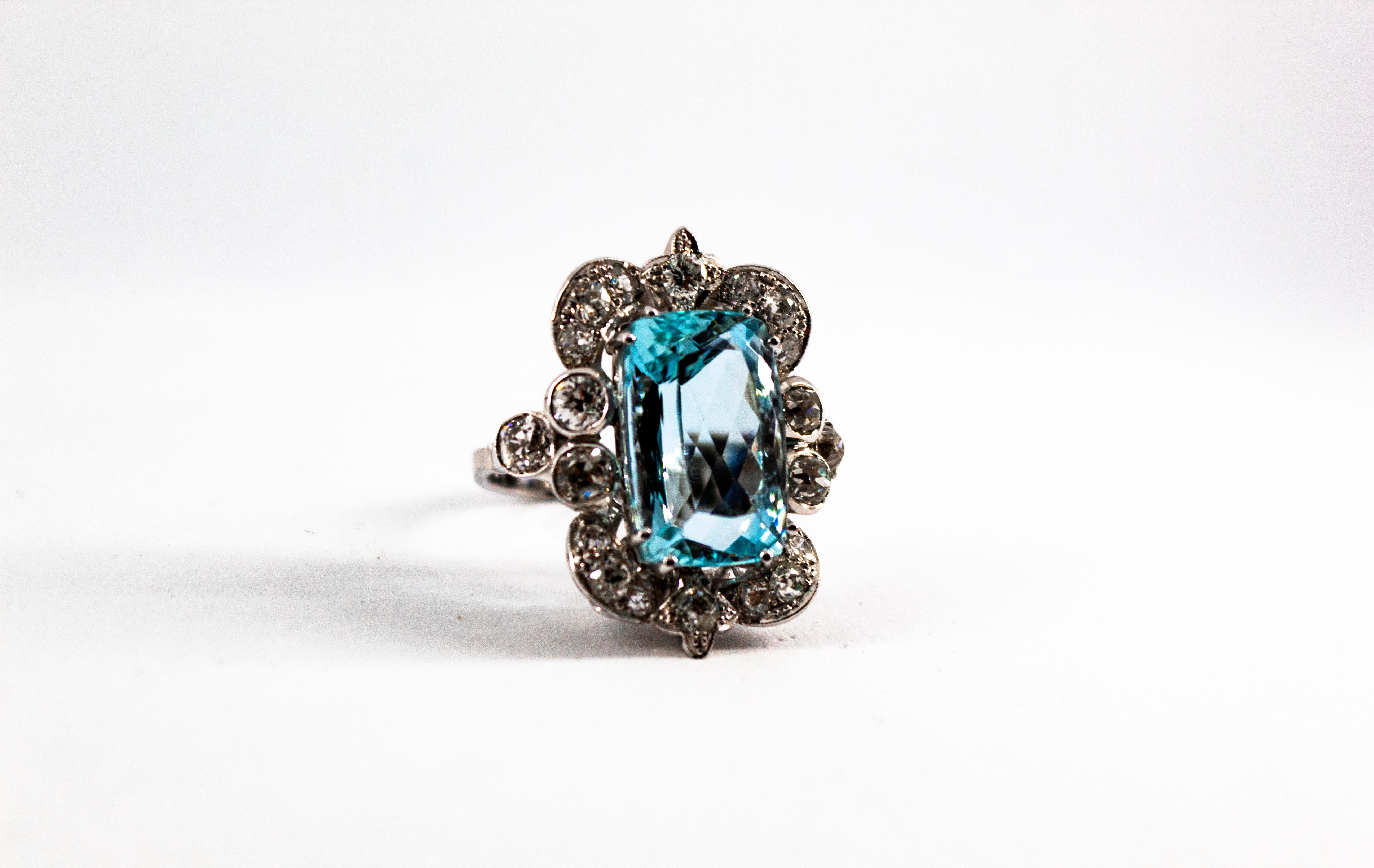 Deco 12.60 Carat Aquamarine 2.90 Carat White Diamond White Gold Cocktail Ring In New Condition In Naples, IT
