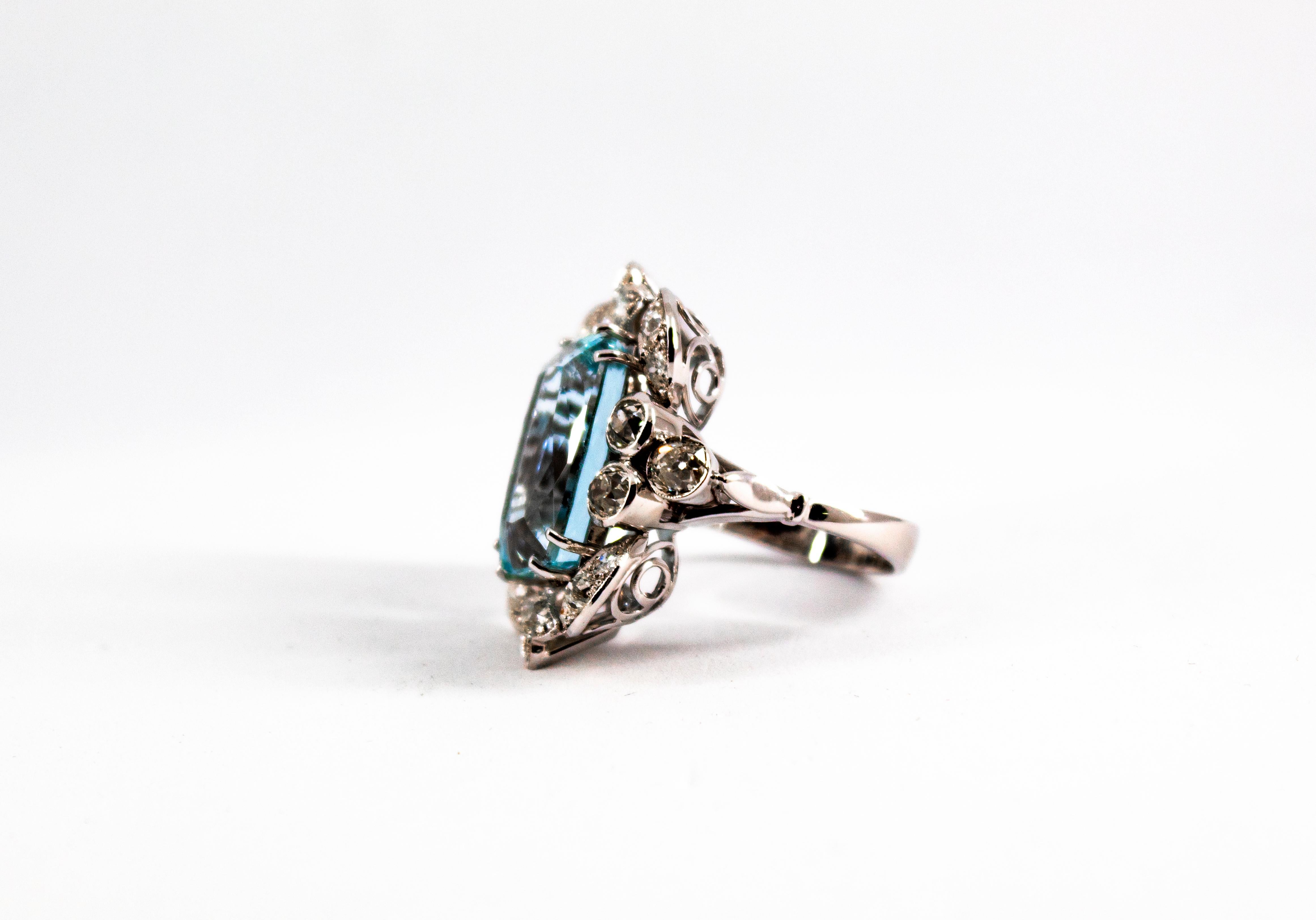Women's or Men's Deco 12.60 Carat Aquamarine 2.90 Carat White Diamond White Gold Cocktail Ring