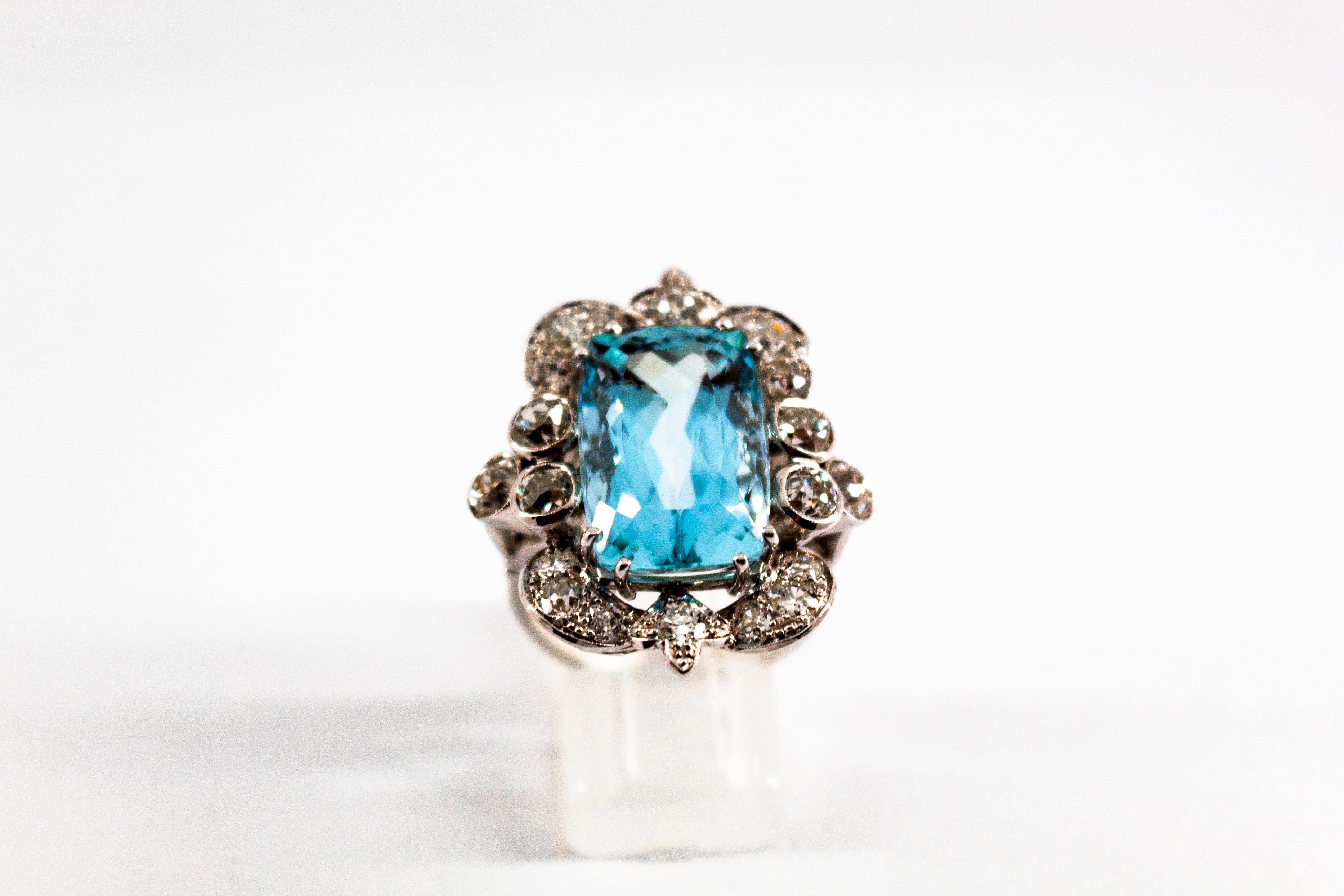 Deco 12.60 Carat Aquamarine 2.90 Carat White Diamond White Gold Cocktail Ring 3