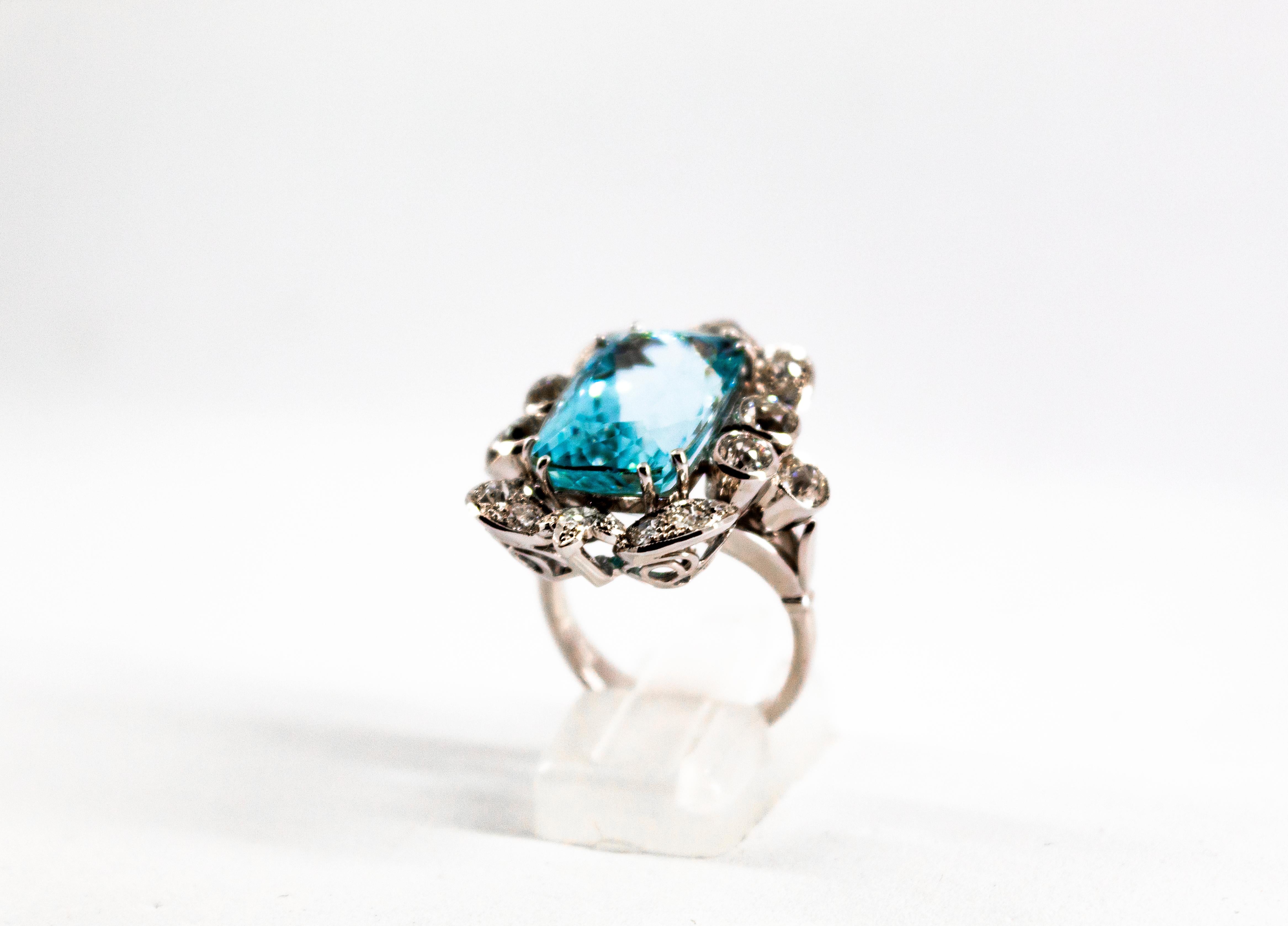Deco 12.60 Carat Aquamarine 2.90 Carat White Diamond White Gold Cocktail Ring 4