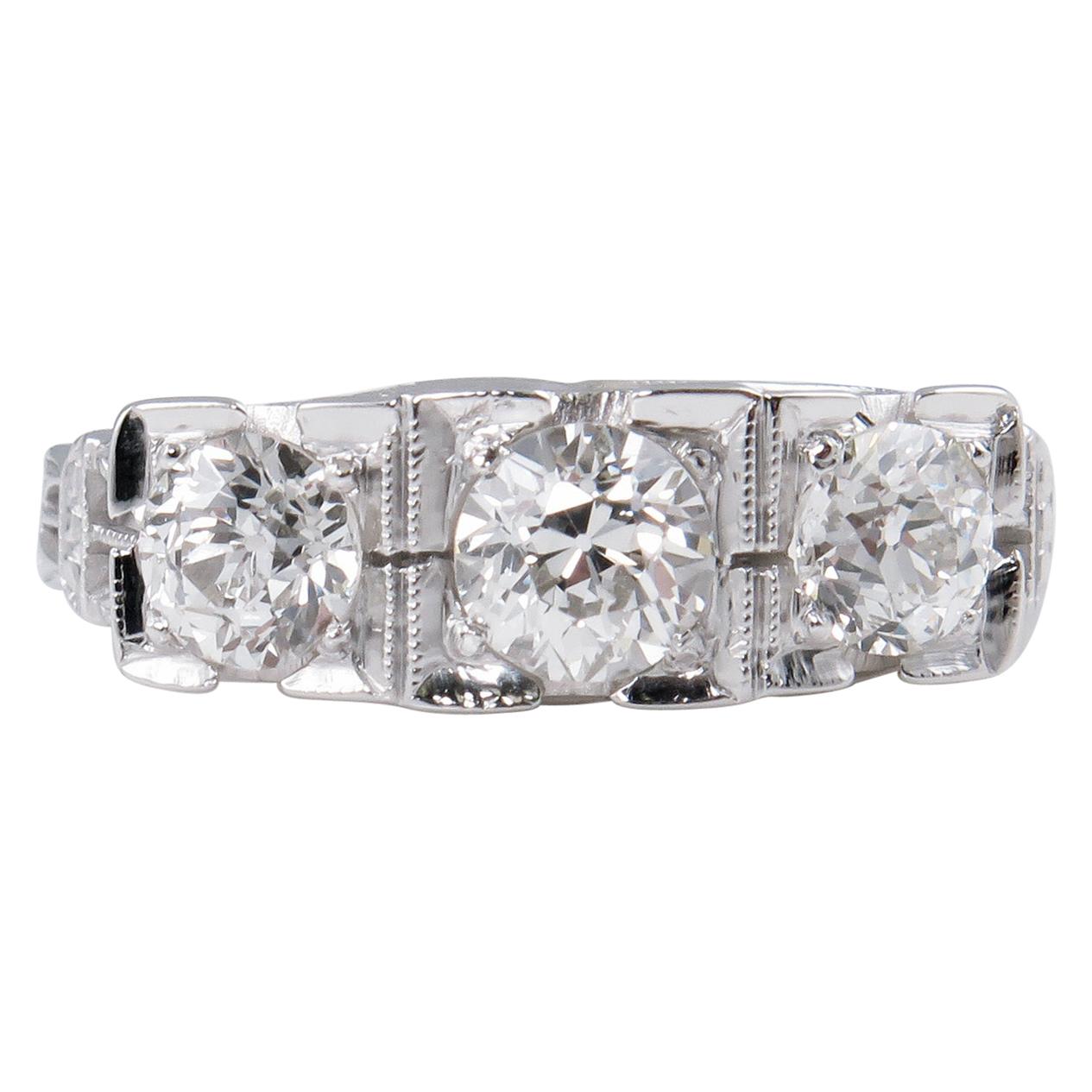 Art Deco 1.40 Carat Old European Diamond 3-Stone Wedding White Gold Ring EGL