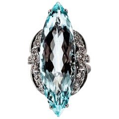 Deco 14.29 Carat Aquamarine White Brilliant Cut Diamond White Gold Cocktail Ring