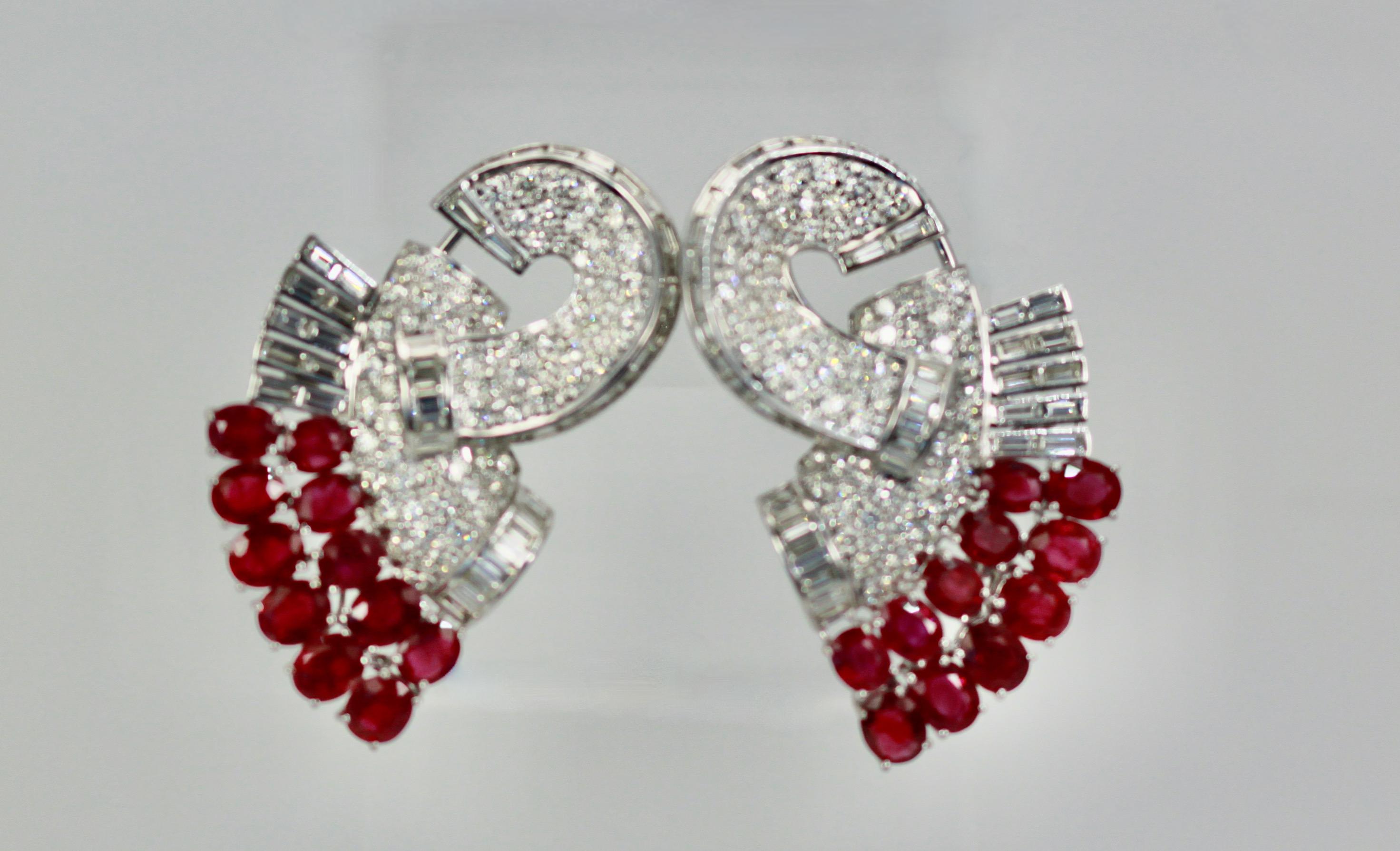 Art Deco Deco 18K Ruby Diamond Double Clip Brooch Convertible