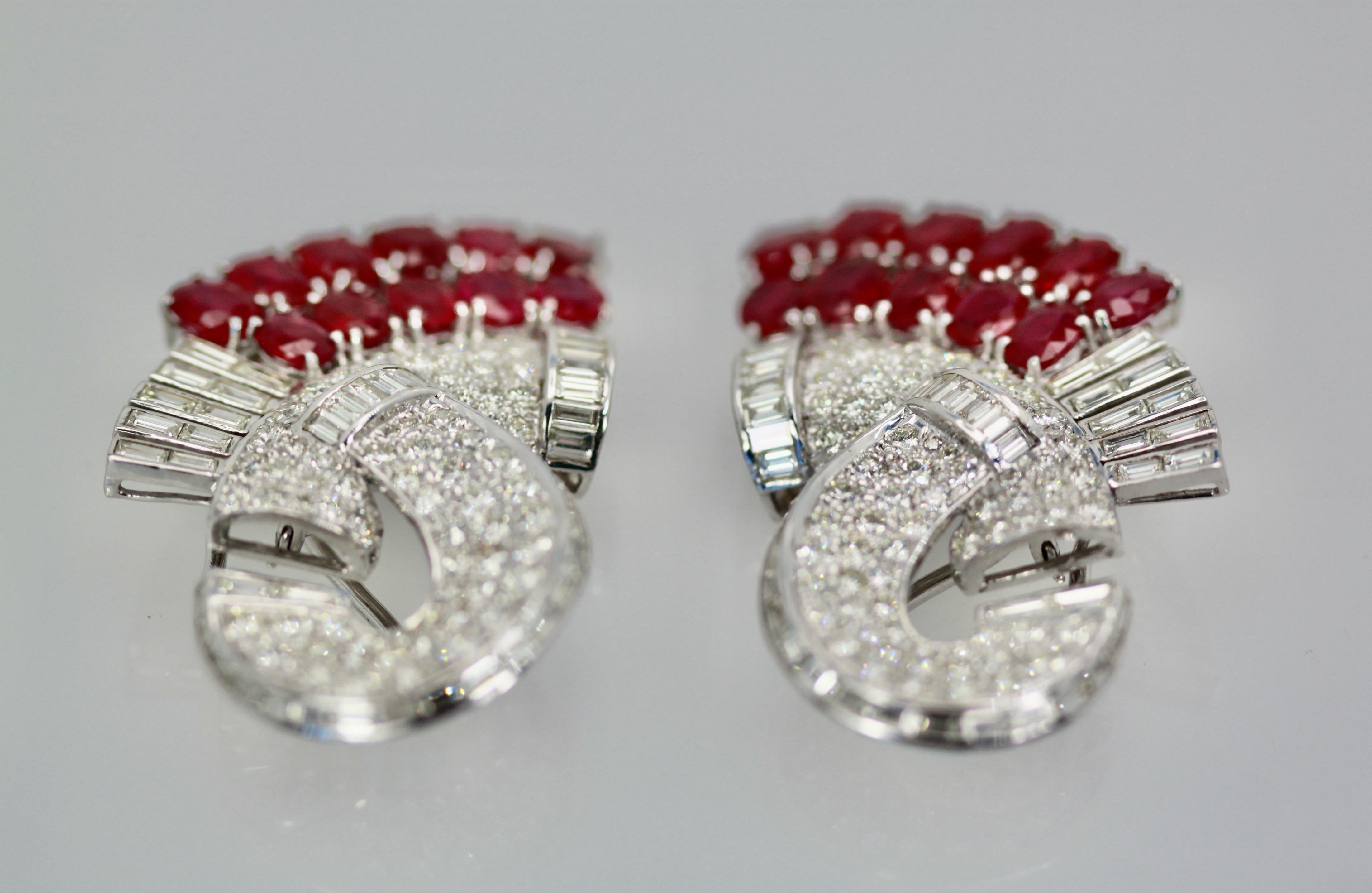 Deco 18K Ruby Diamond Double Clip Brooch Convertible In Excellent Condition In North Hollywood, CA
