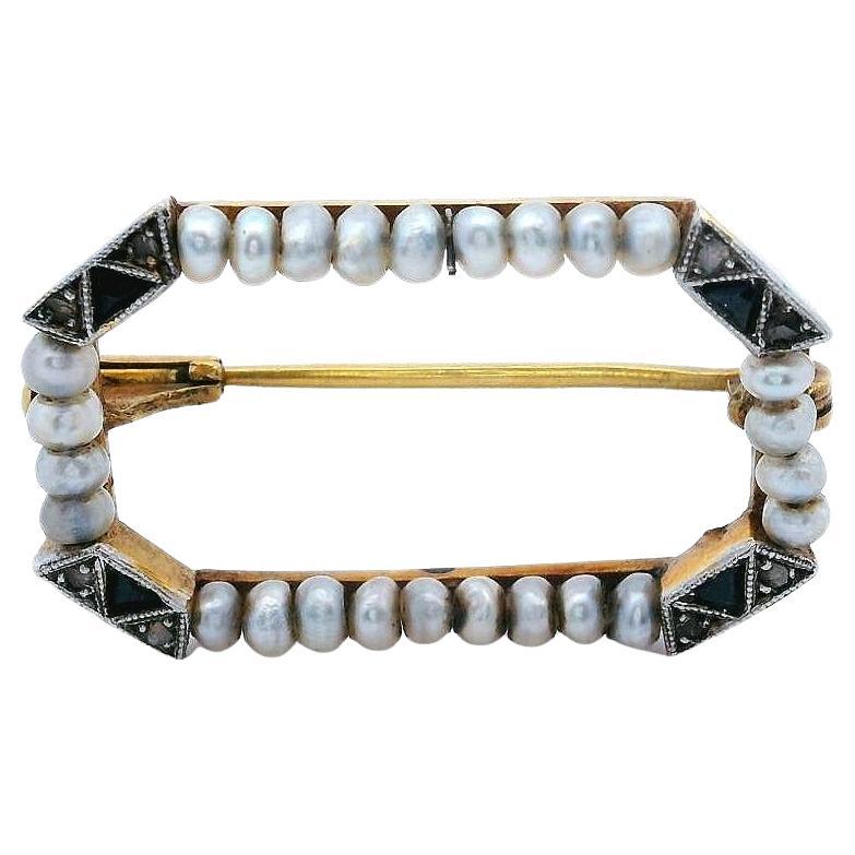 Deco 1920 18kt Yellow Gold and Platinum Brooch w/ Diamonds, Sapphires & Pearls