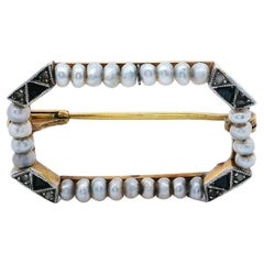 Deco 1920 18kt Yellow Gold and Platinum Brooch w/ Diamonds, Sapphires & Pearls