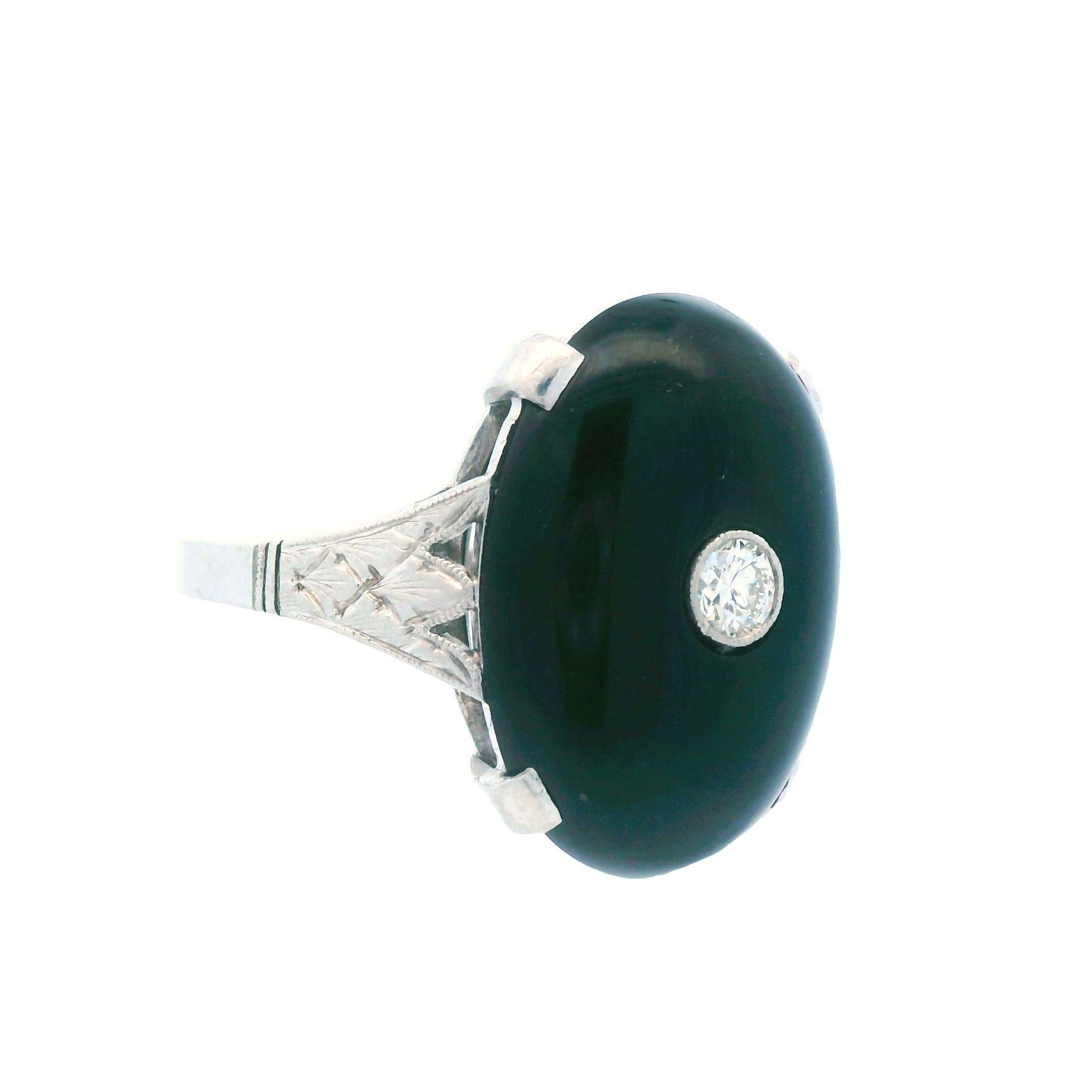 Round Cut Deco 1920s Platinum Onyx and Diamond Ring