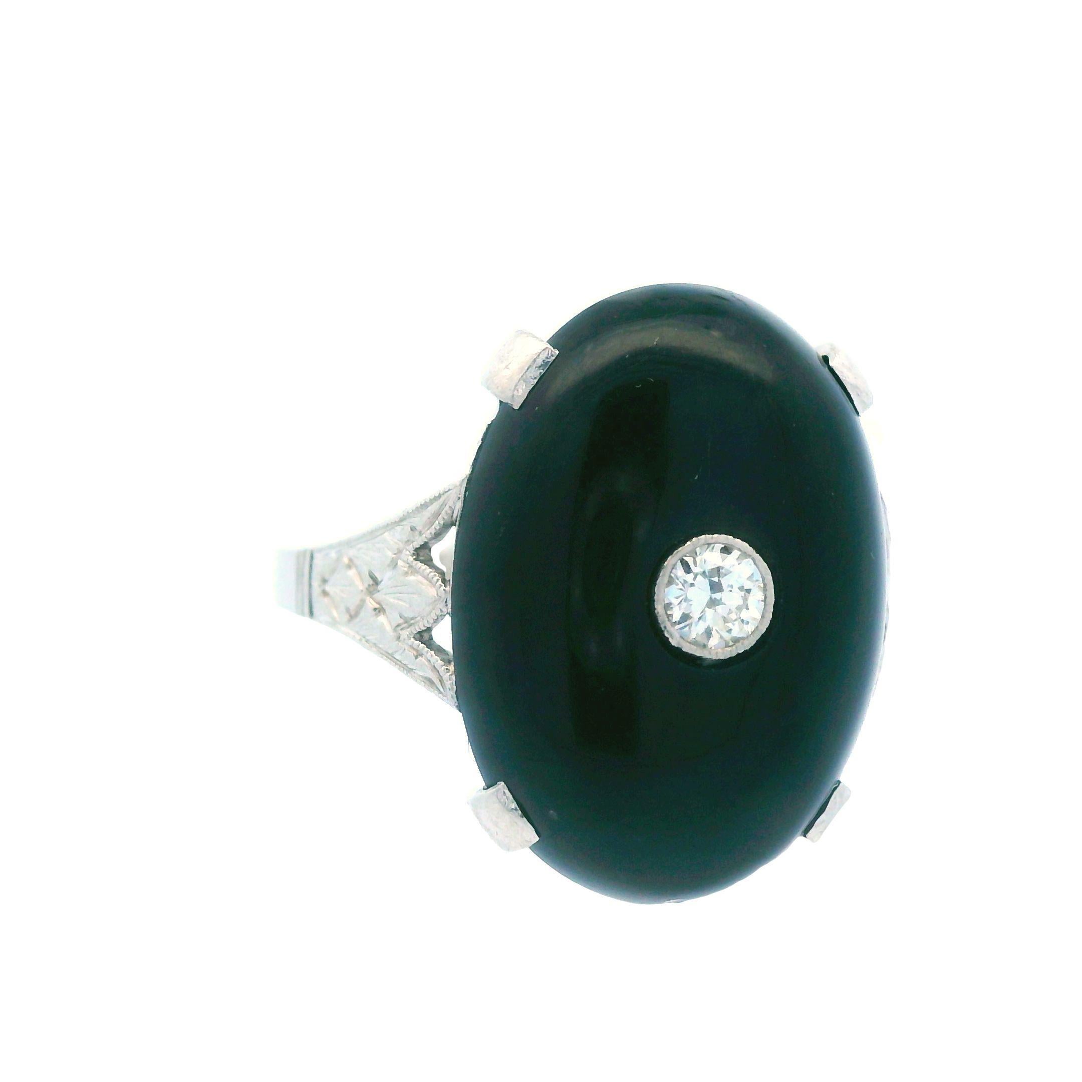 Women's Deco 1920s Platinum Onyx and Diamond Ring