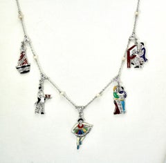 Deco 1930's to 1950's Enameled Diamond Charm Necklace