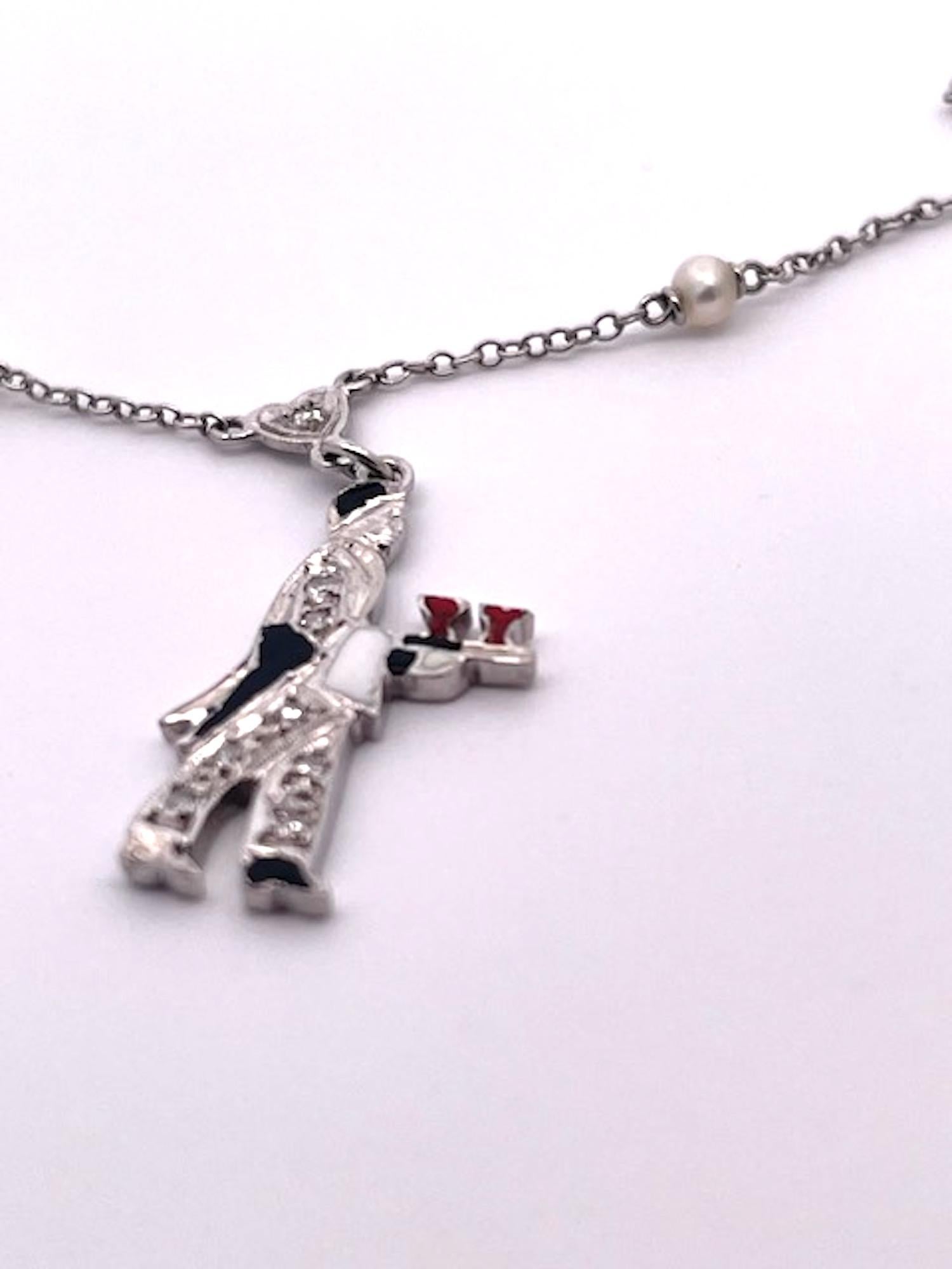 Taglio rotondo Deco 1930's to 1950's Enameled Diamond Charm Necklace in vendita