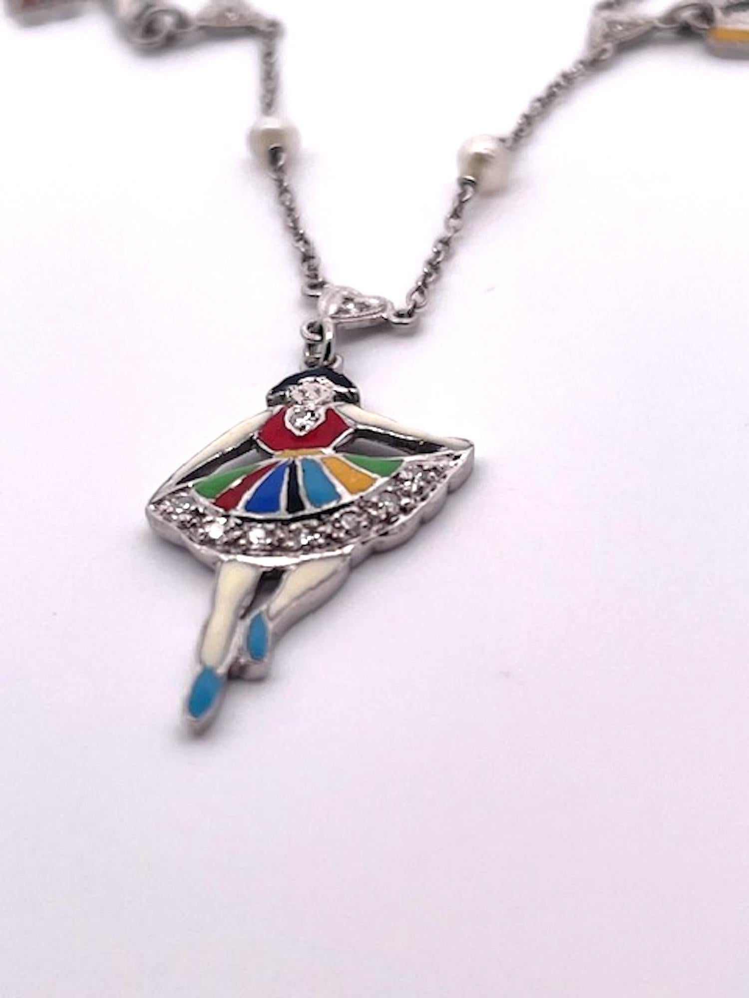Deco 1930's to 1950's Enameled Diamond Charm Necklace In Good Condition For Sale In North Hollywood, CA