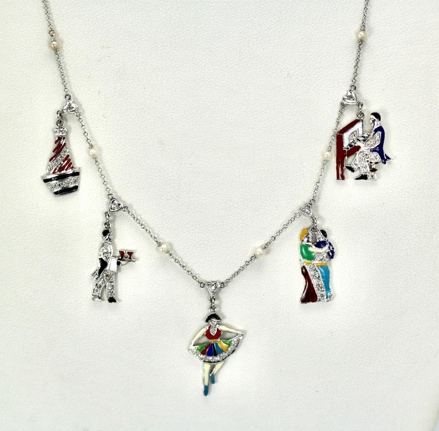 Deco 1930er bis 1950er Jahre emailliert Diamant Charme Halskette Damen im Angebot