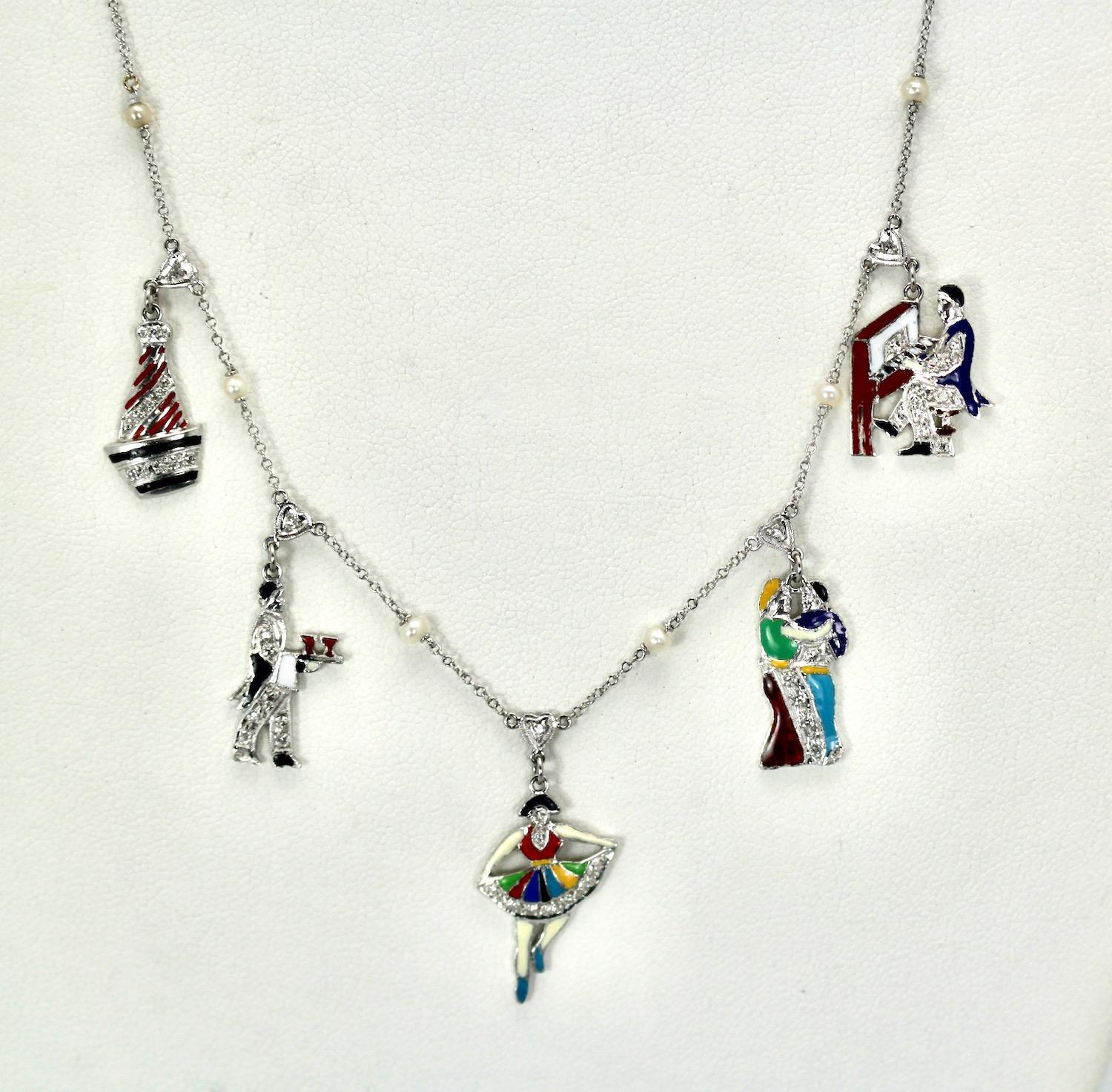 Donna Deco 1930's to 1950's Enameled Diamond Charm Necklace in vendita