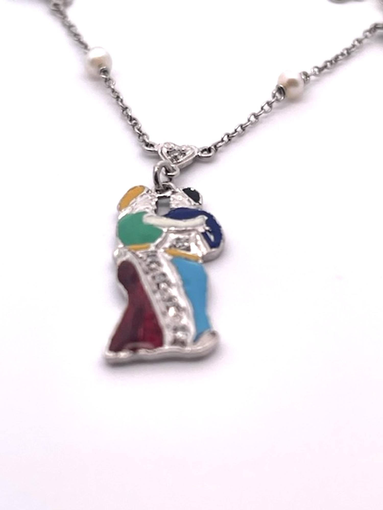 Deco 1930's to 1950's Enameled Diamond Charm Necklace in vendita 1