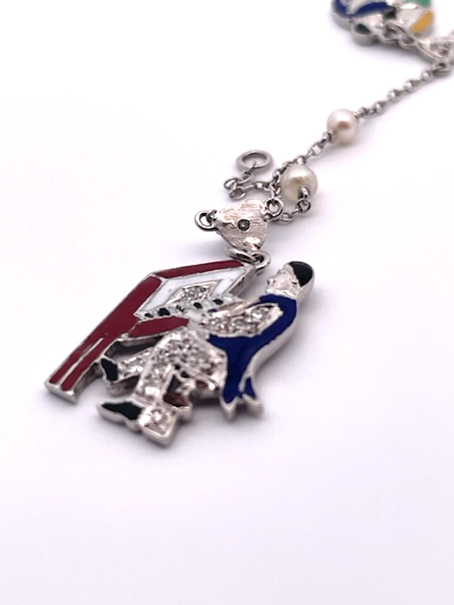 Deco 1930's to 1950's Enameled Diamond Charm Necklace in vendita 2