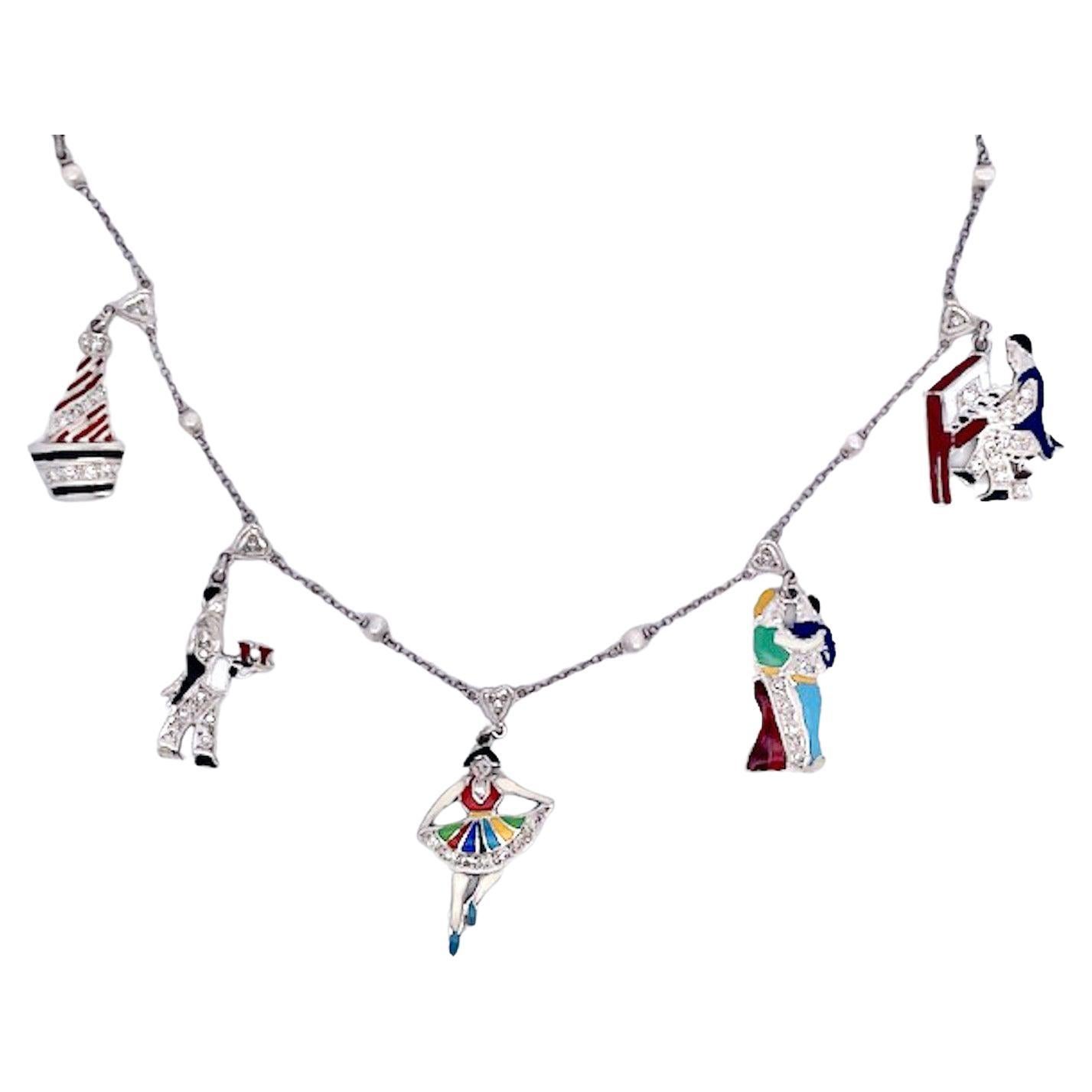 Deco 1930's to 1950's Enameled Diamond Charm Necklace in vendita