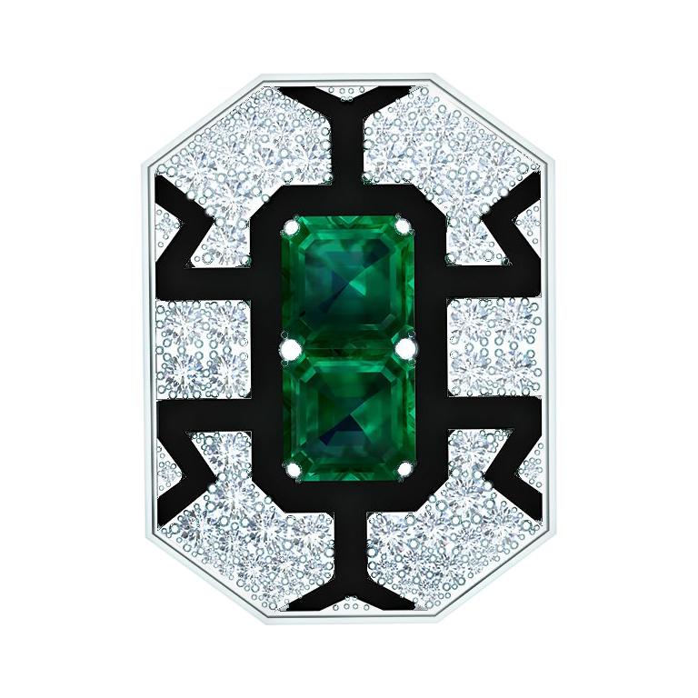 Deco 4.80 Carat Emerald and Diamond Onyx Platinum and Yellow Gold Ring For Sale