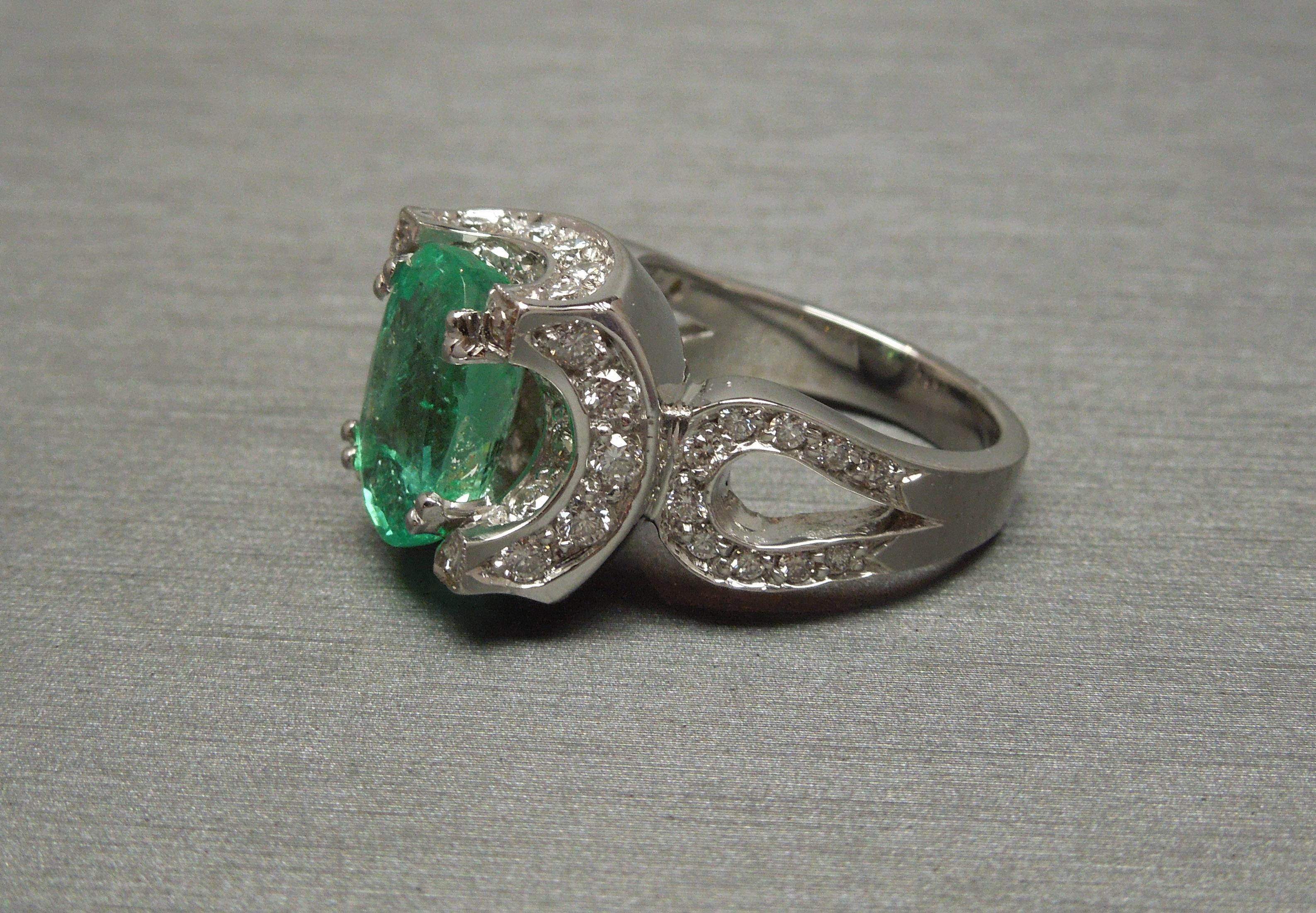 Women's 5 Carat Emerald Solitaire 18 Karat Halo Ring For Sale