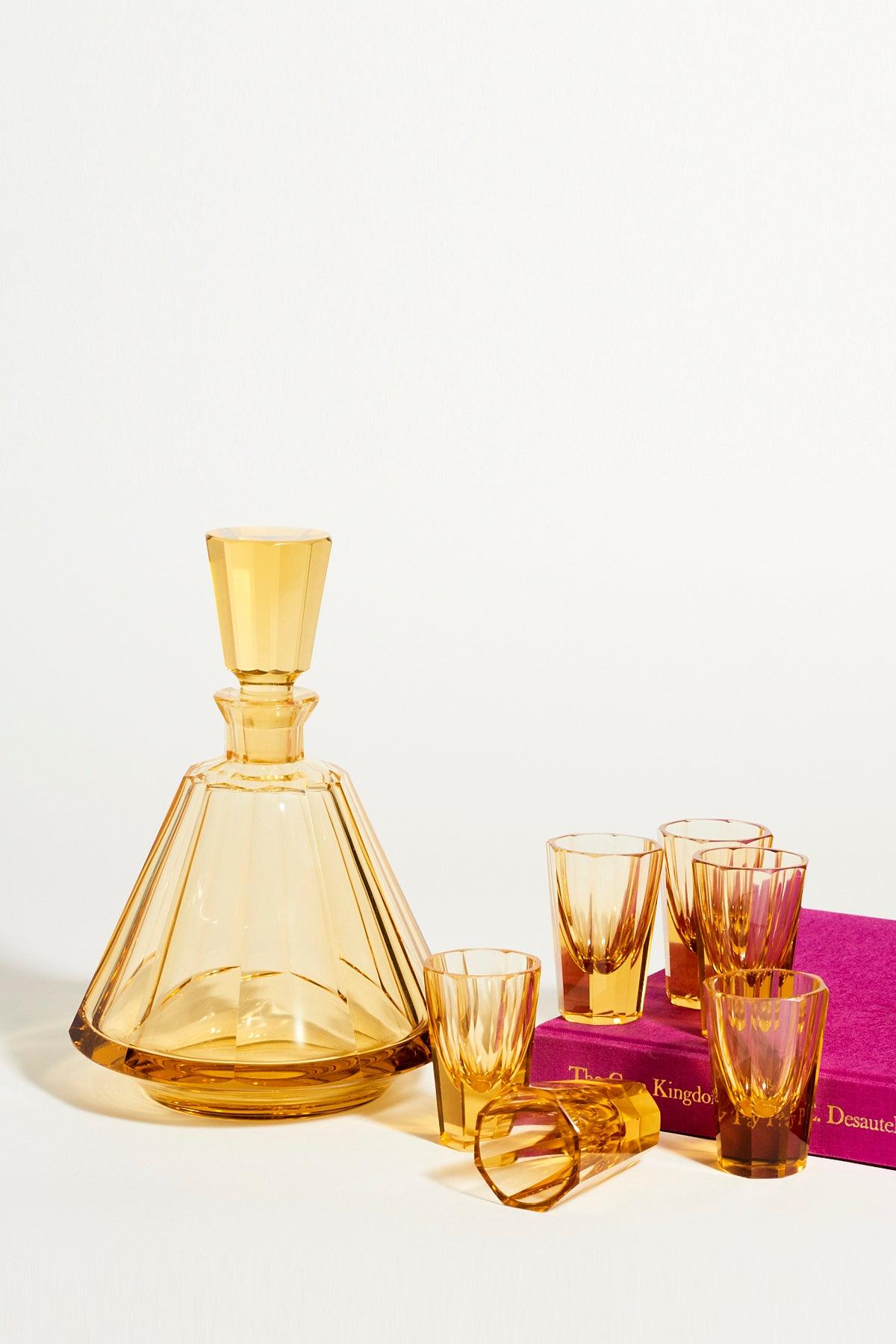 Czech Deco Amber Yellow Faceted Decanter Set