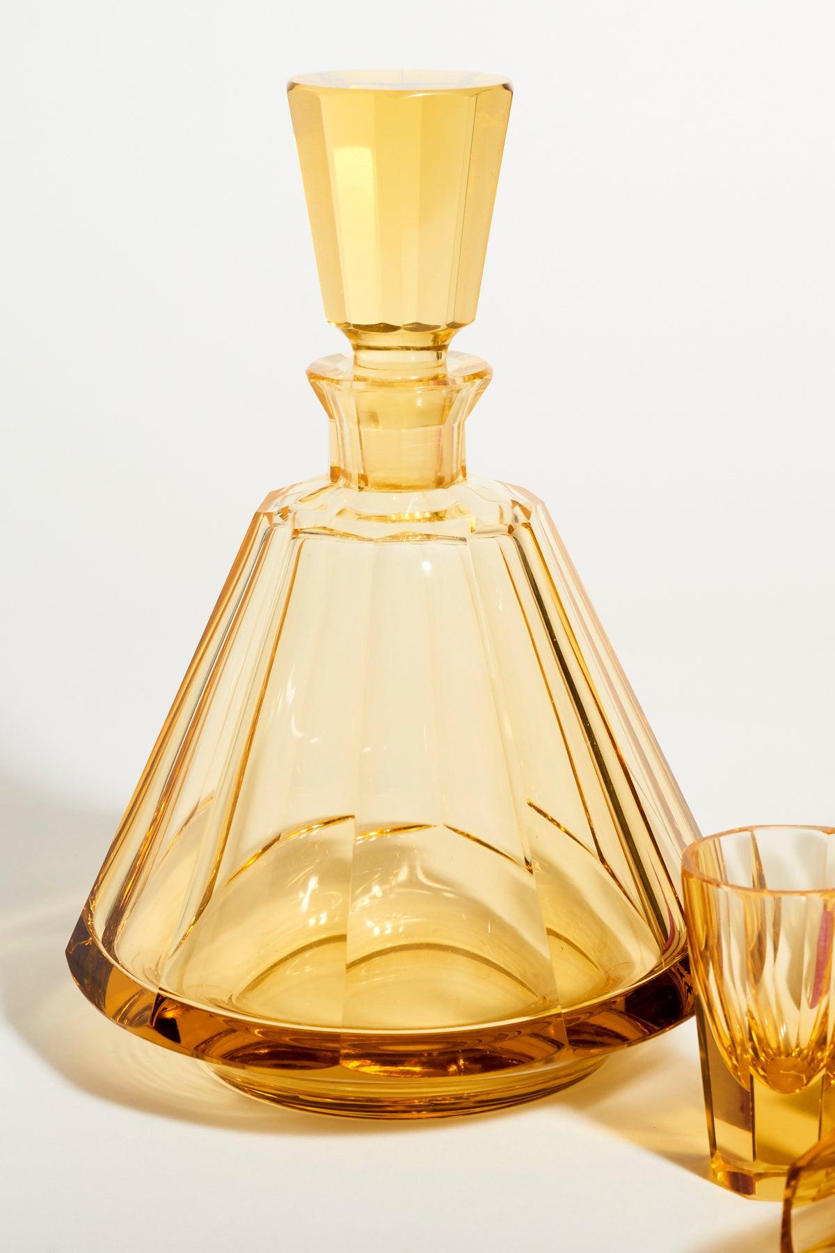 Mid-20th Century Deco Amber Yellow Faceted Decanter Set