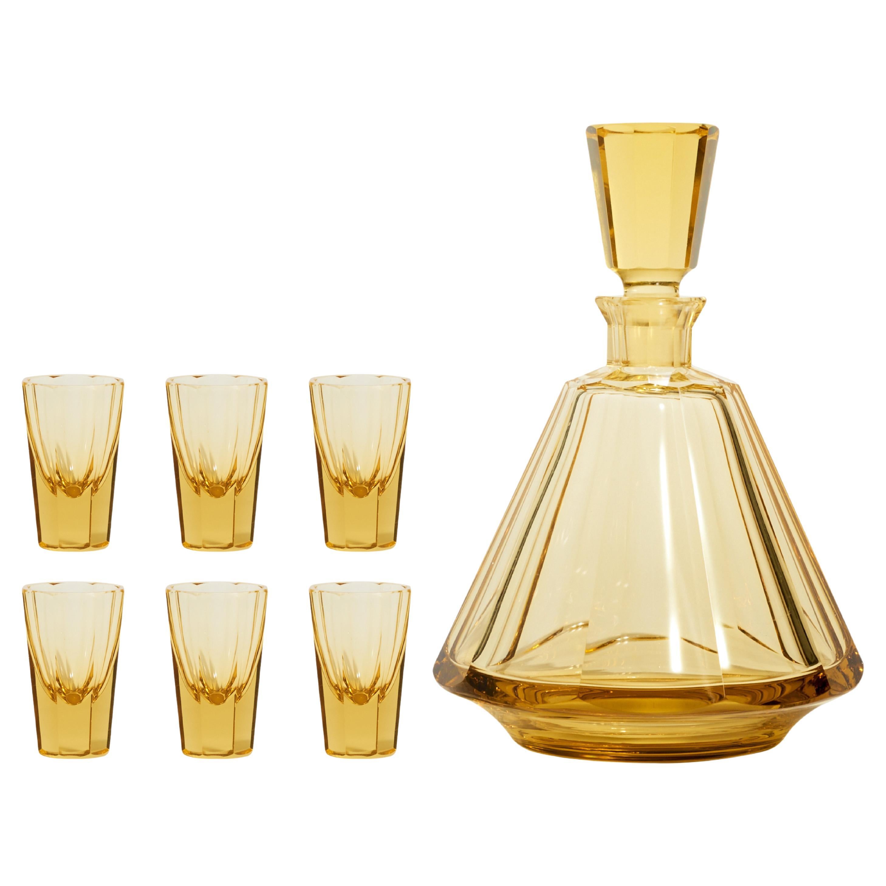 Deco Amber Yellow Faceted Decanter Set