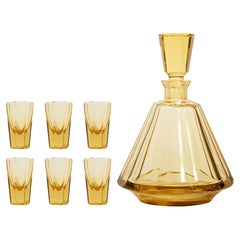 Deco Amber Yellow Faceted Decanter Set