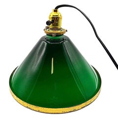 Deco Banker/Poker Ceiling Light w/ 11" Brass Rim Green Glass Shade, 5 Available