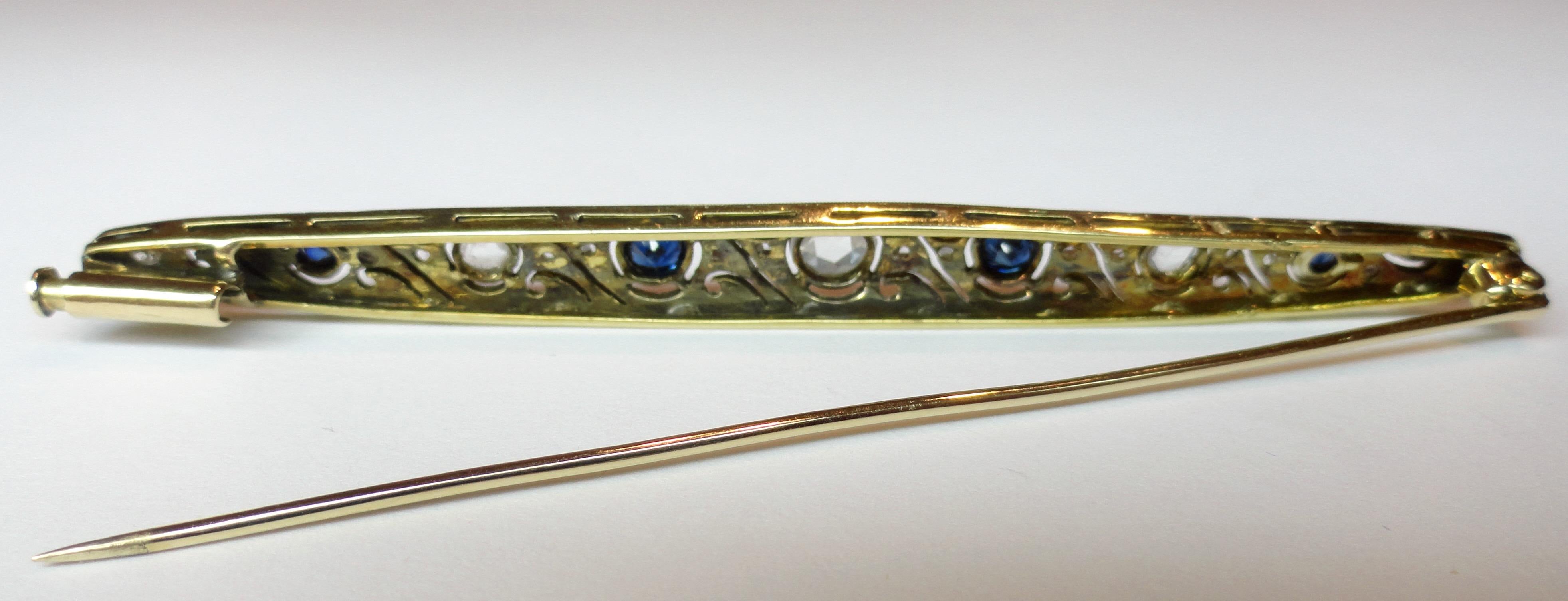 Art Deco Deco Bar Brooch with Diamonds & Sapphires For Sale