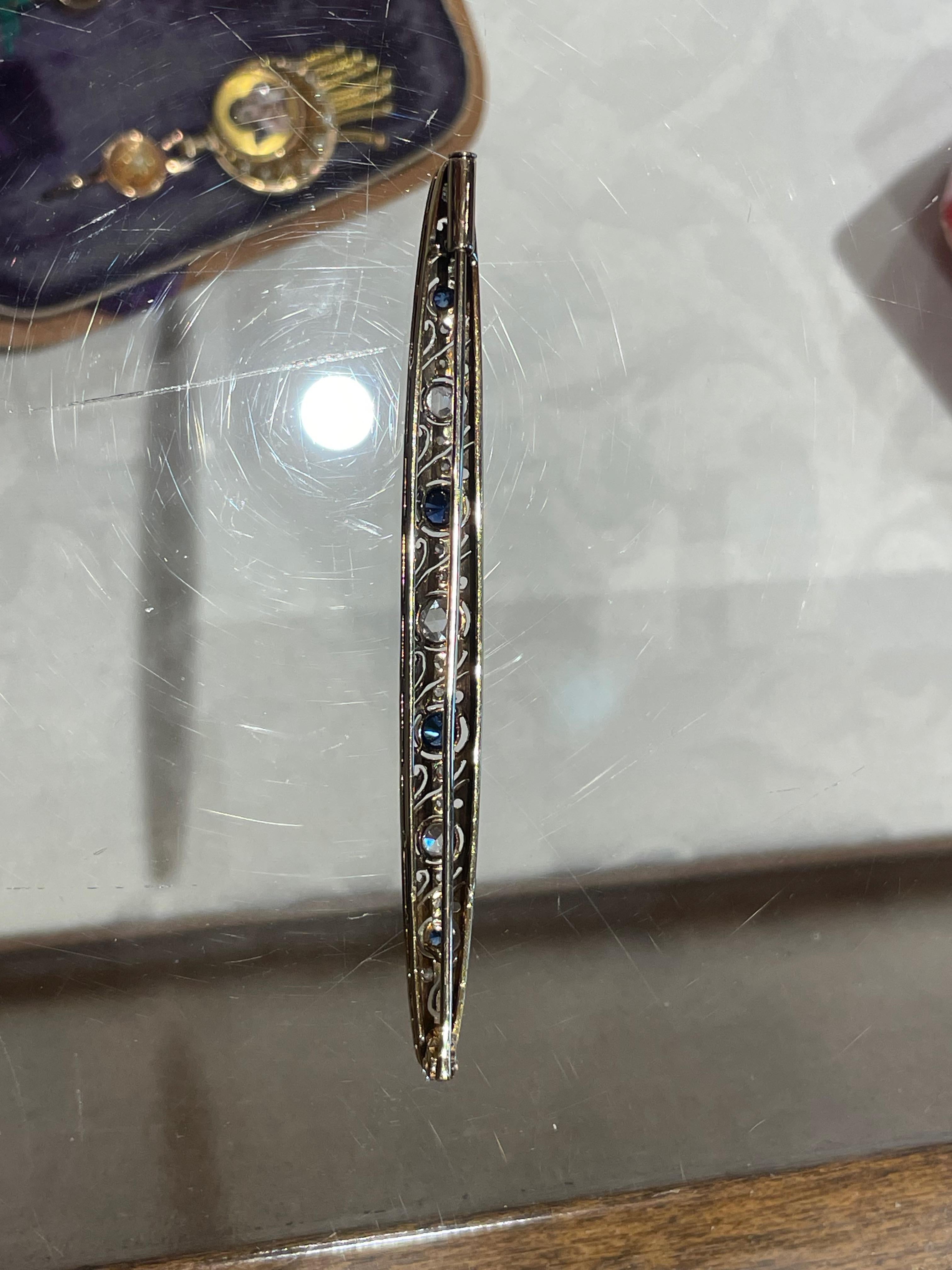 Deco Bar Brooch with Diamonds & Sapphires For Sale 2