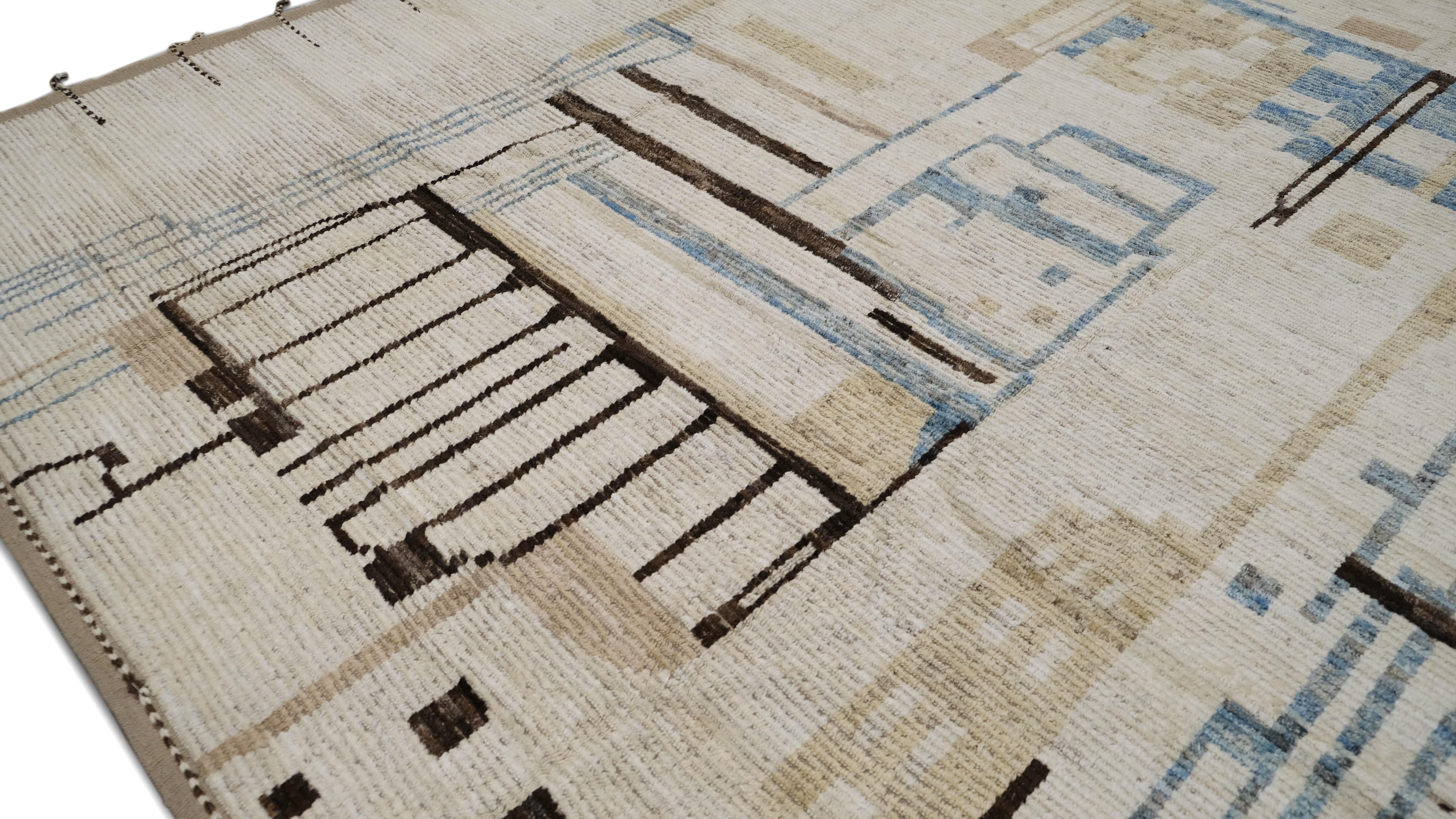 Deco Blau und Elfenbein Abstrakt Wollteppich 9'3''x12' (Moderne der Mitte des Jahrhunderts) im Angebot