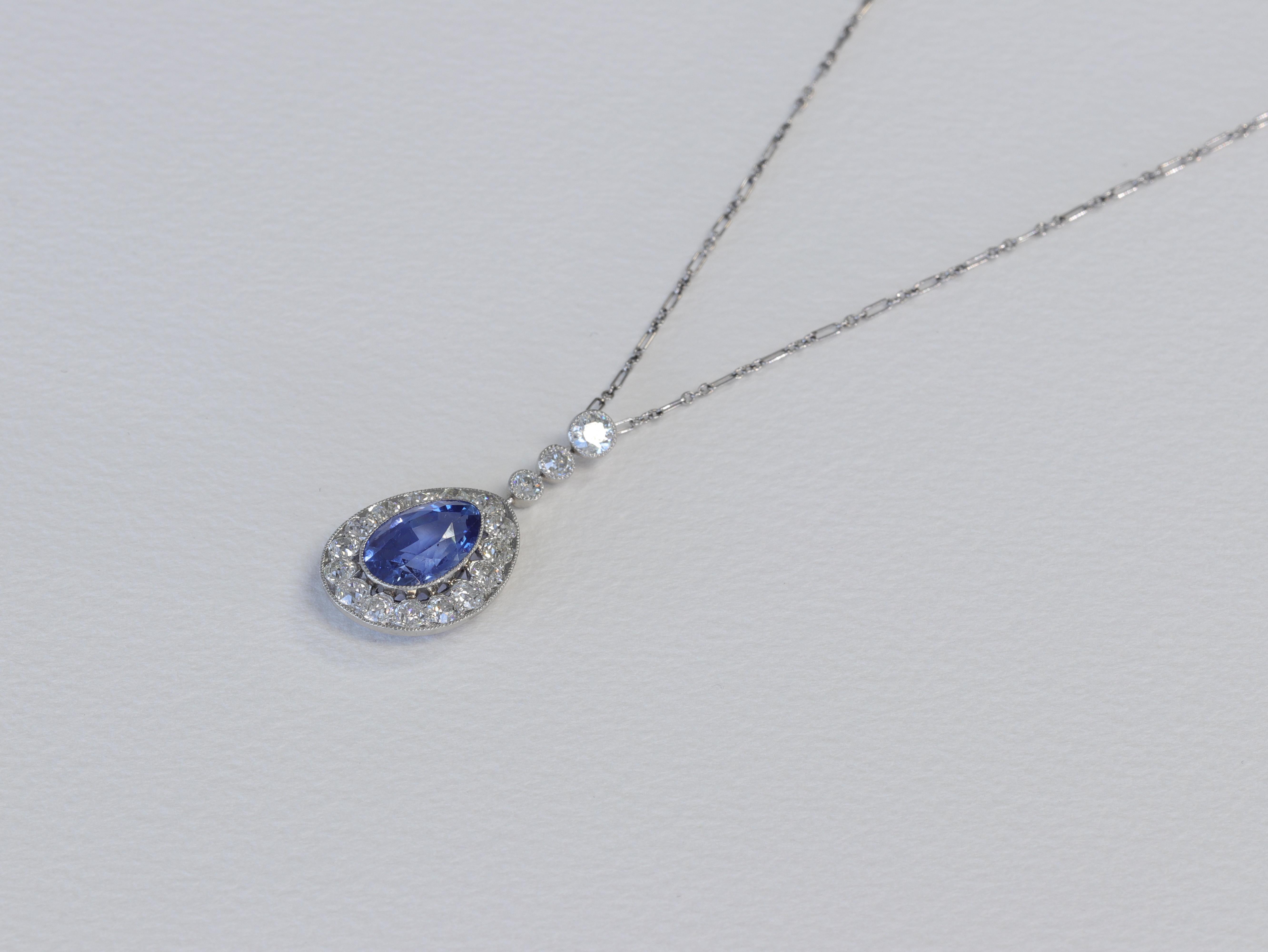 Art Deco 5.74ct Burma No Heat Blue Sapphire GIA & Old European Diamond Pendant Platinum  For Sale