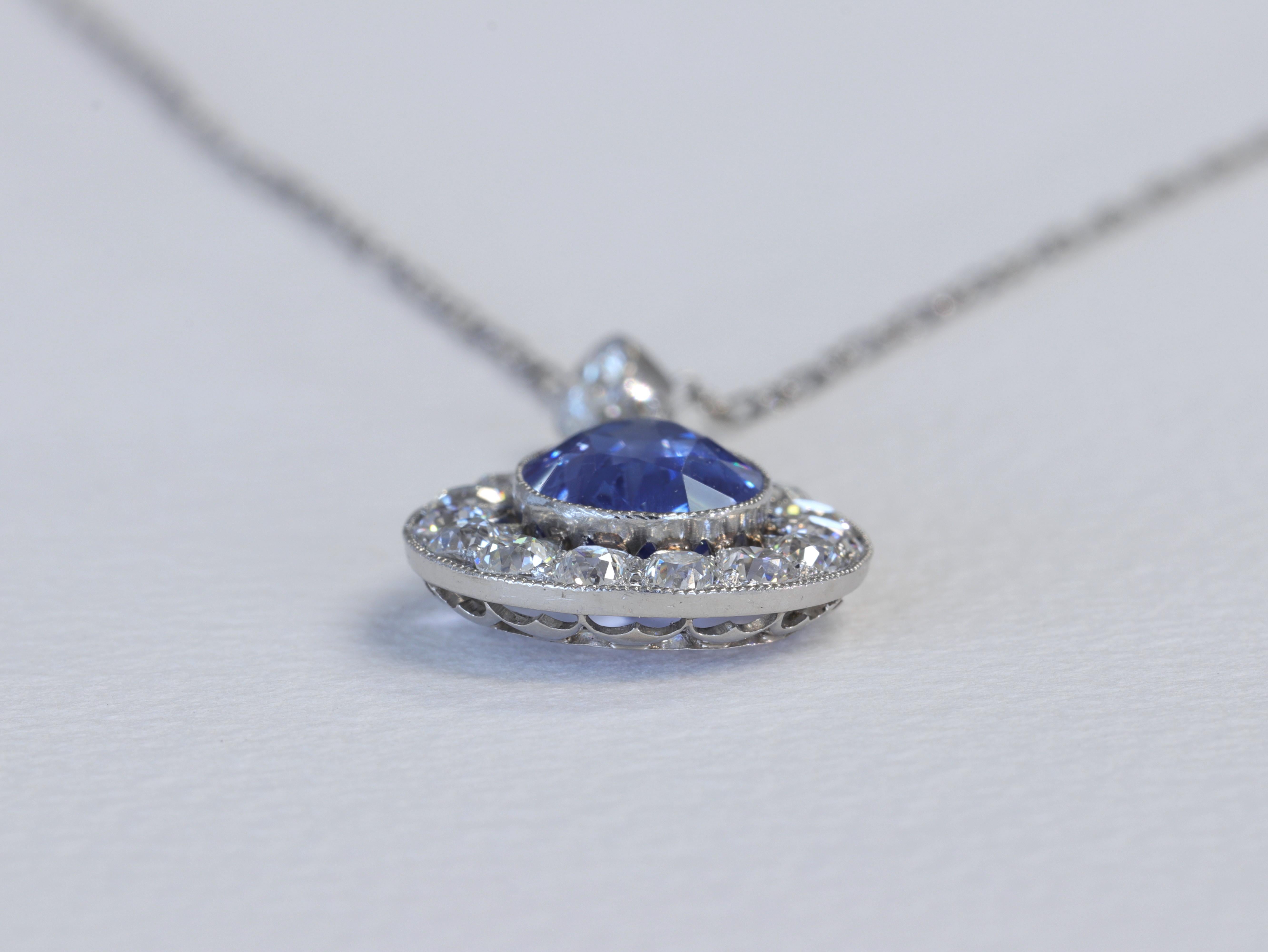 5.74ct Burma No Heat Blue Sapphire GIA & Old European Diamond Pendant Platinum  In Good Condition For Sale In Tampa, FL