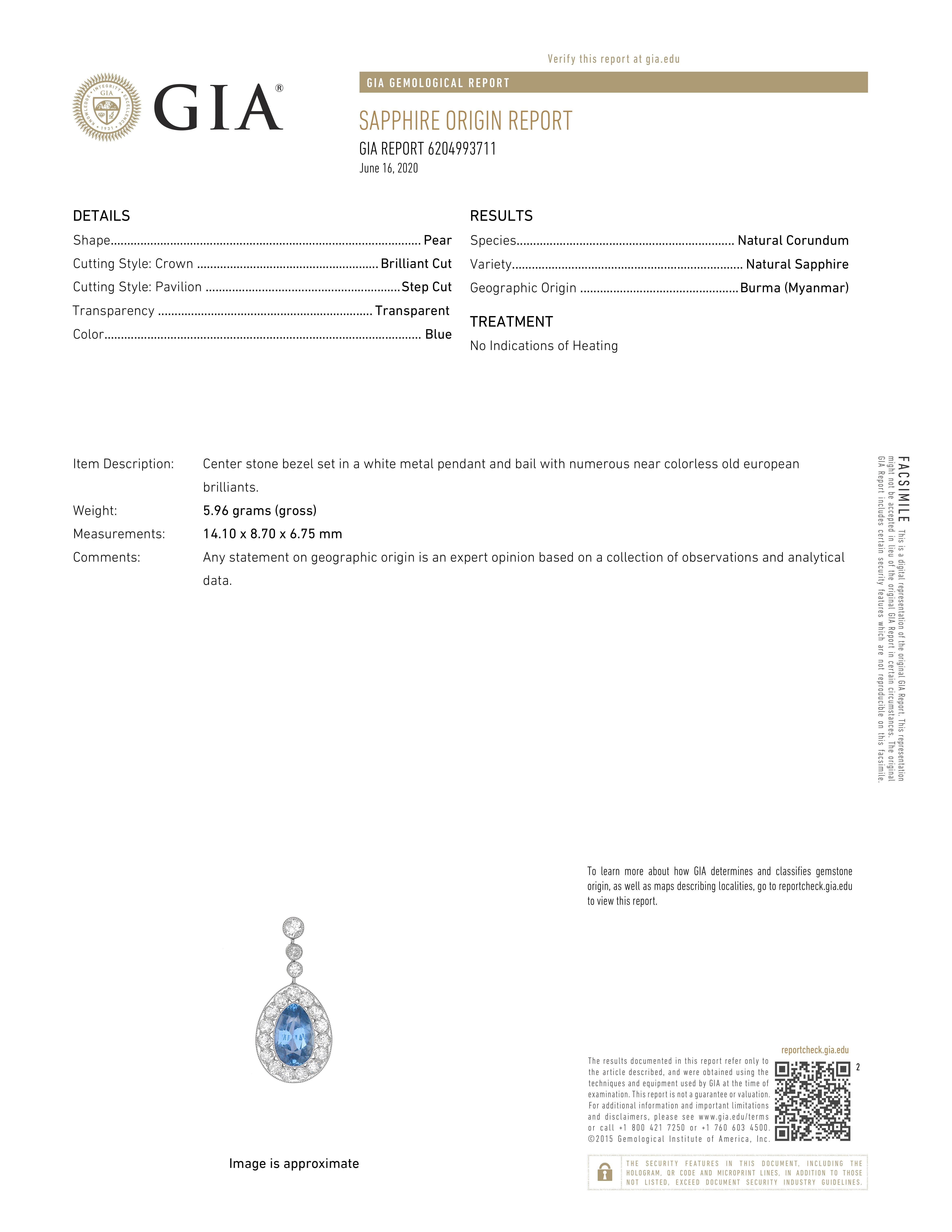 Colgante de zafiro azul de Birmania sin calor de 5,74 ct GIA y diamante europeo antiguo Platino en venta 2
