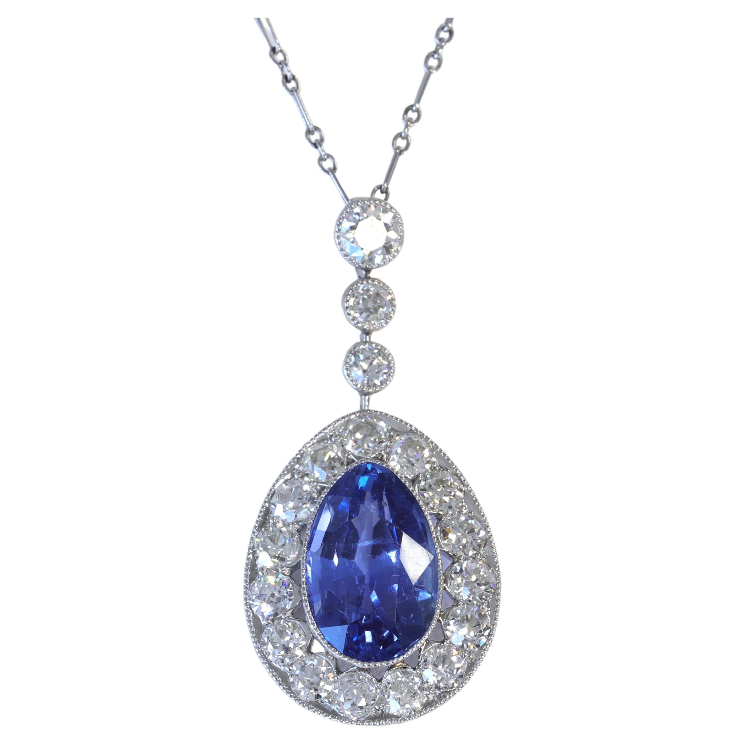 5.74ct Burma No Heat Blue Sapphire GIA & Old European Diamond Pendant Platinum  For Sale