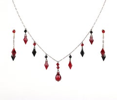 Deco c.1920s OOAK Sterling Ruby Red Onyx Necklace Drop Earring Set + Portrait
