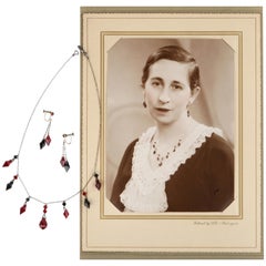 Antique Deco c.1920s OOAK Sterling Ruby Red Onyx Necklace Drop Earring Set + Portrait