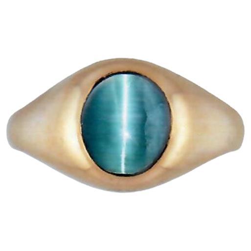 Deco Cat's Eye Ring GIA Blue Green Tourmaline Oval Cabochon Original 1940s 14k For Sale