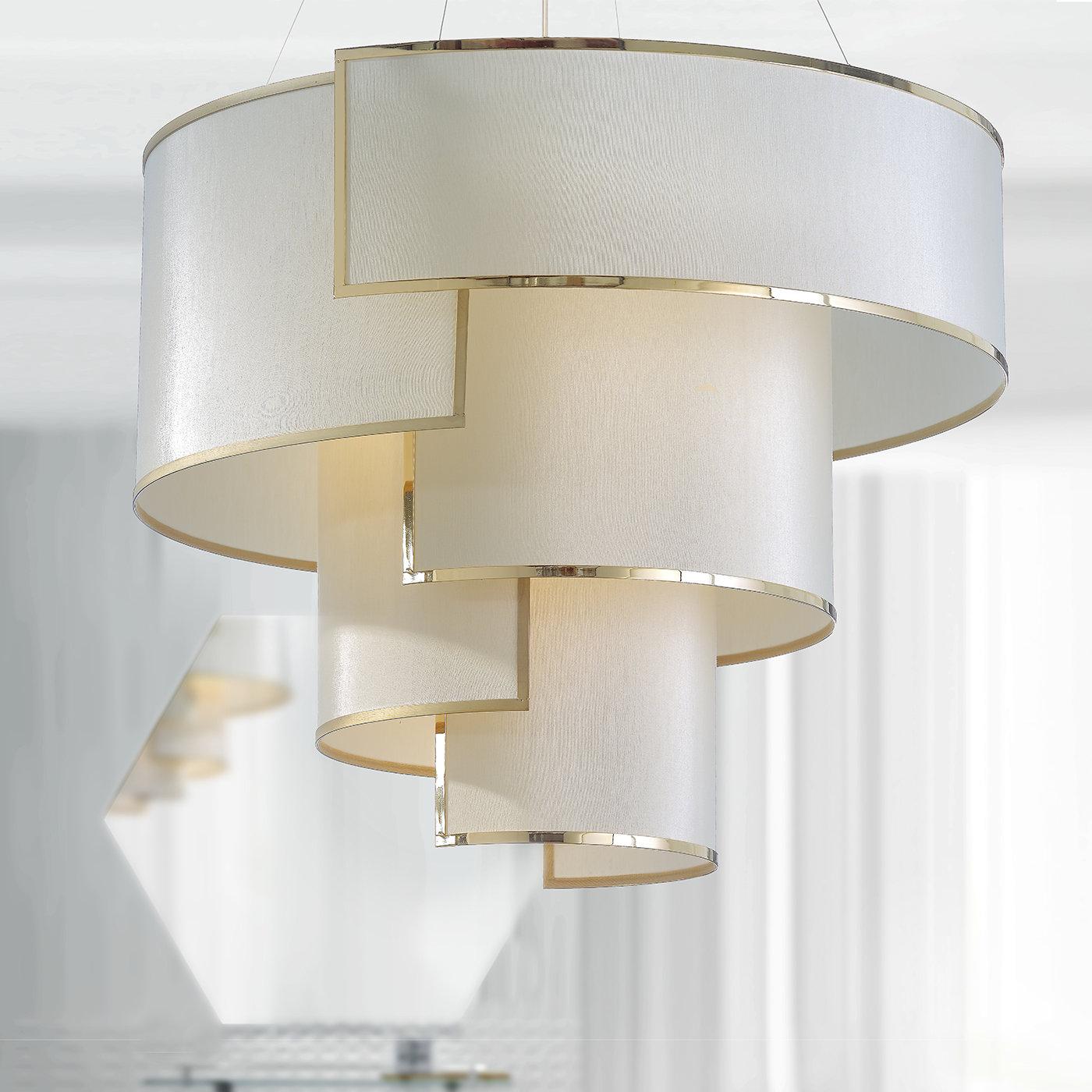An awe-inspiring design of Art Deco inspiration is the defining feature of this stunning chandelier that is sure to decorate any room with glamorous style. The tiered silhouette is composed of five semicircular elements of ivory fabric with PVC