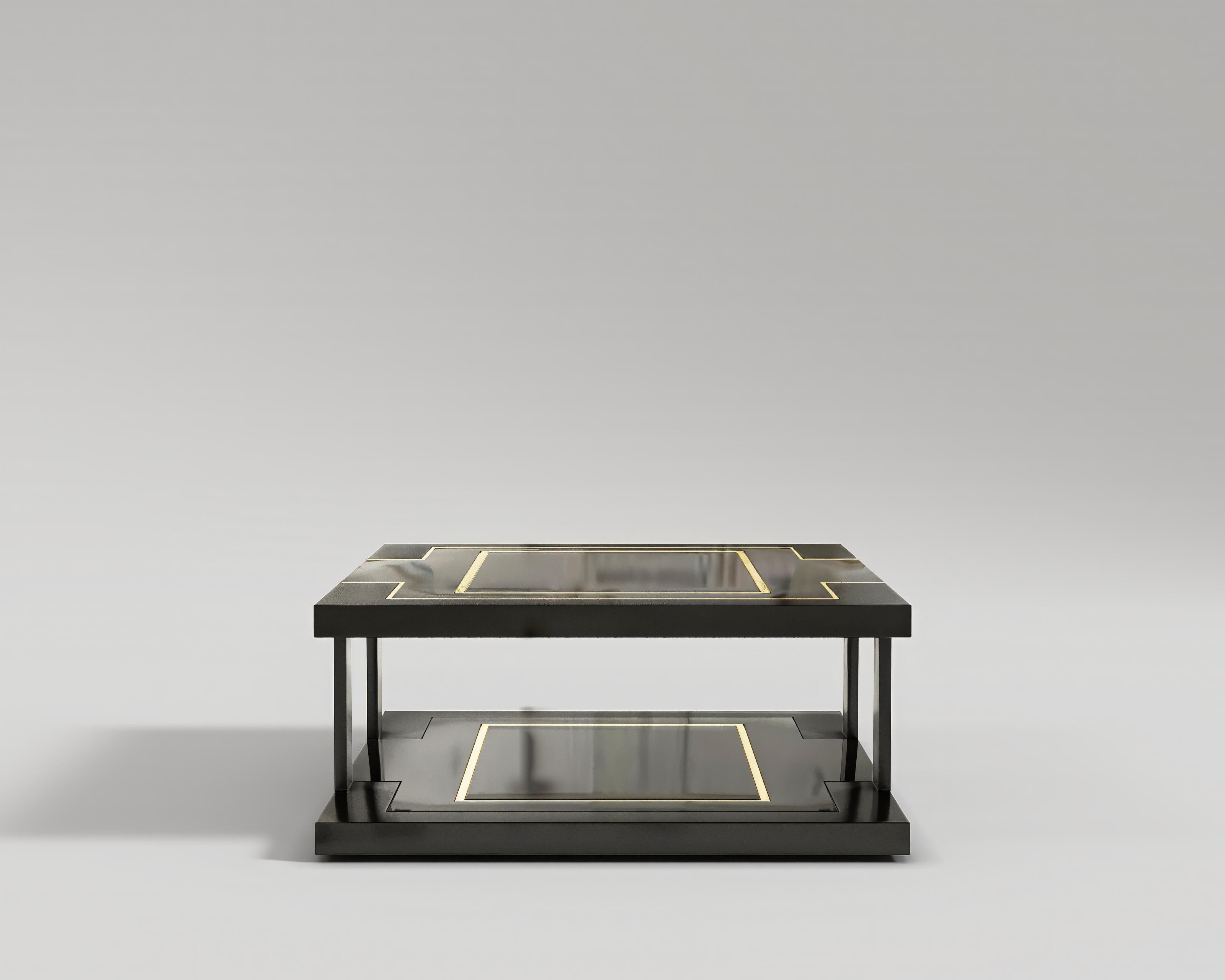 Turkish Deco Coffee Table in Black Lacquer and Polished Bronze  For Sale