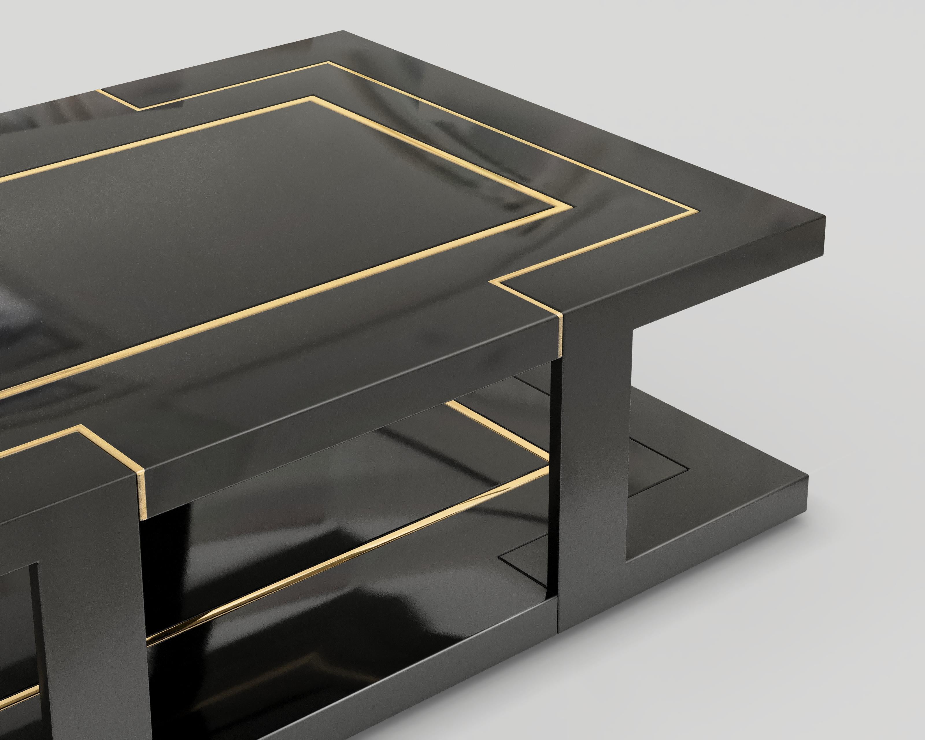 Contemporary Deco Coffee Table in Black Lacquer and Polished Bronze  For Sale