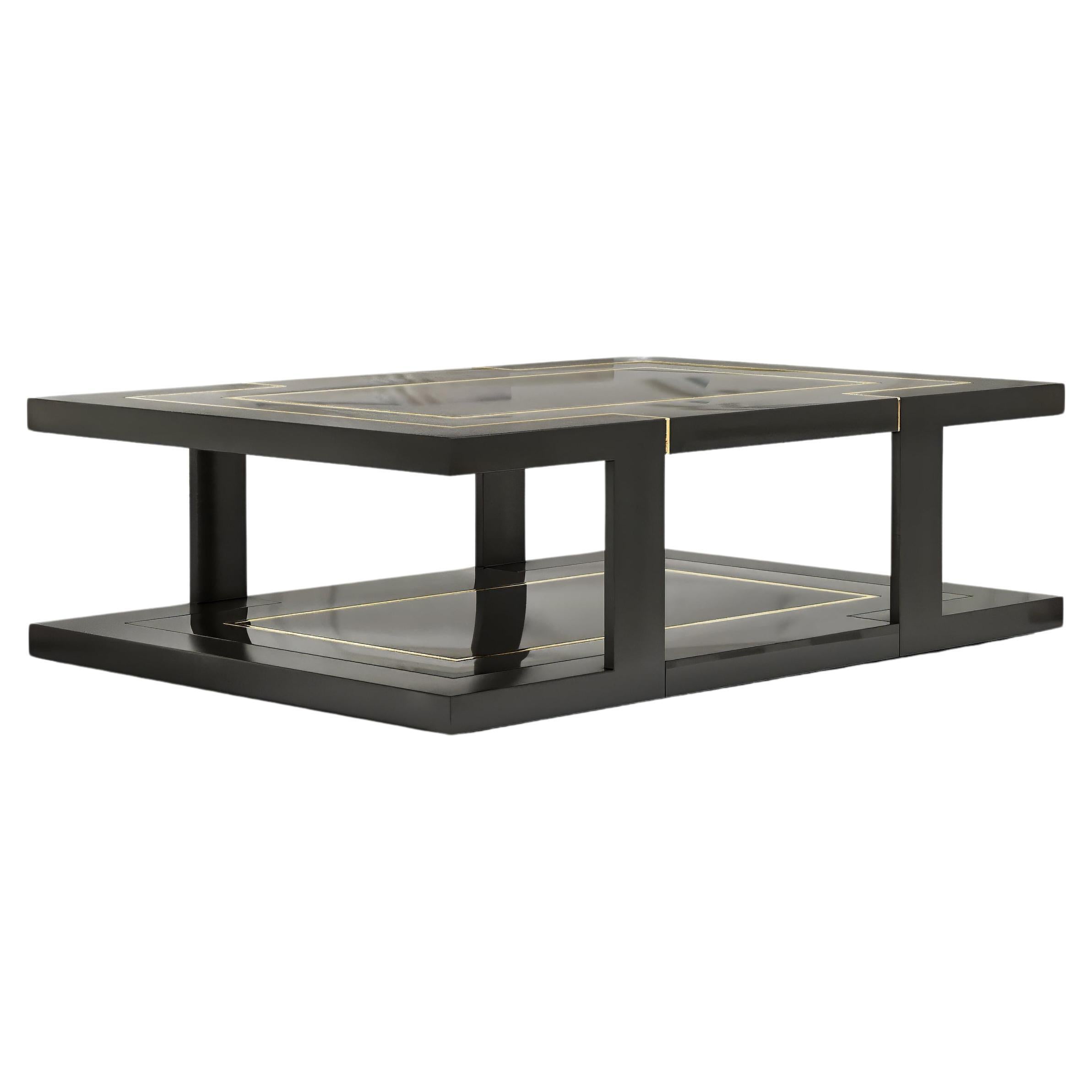 Deco Coffee Table in Black Lacquer and Polished Bronze 