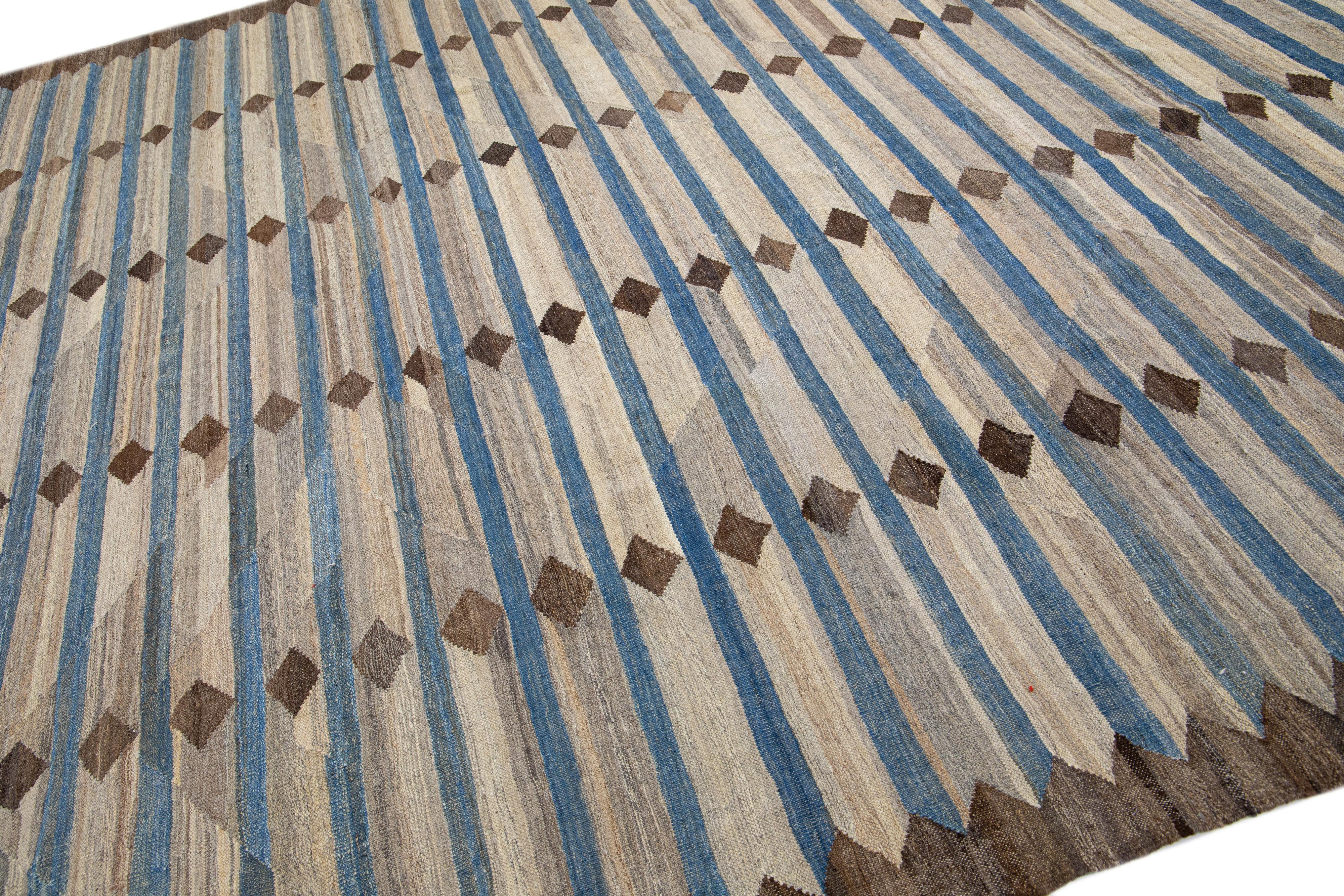 Pakistani Deco Comteporary Kilim Wool Rug With Brown & Blue Geometric Design For Sale